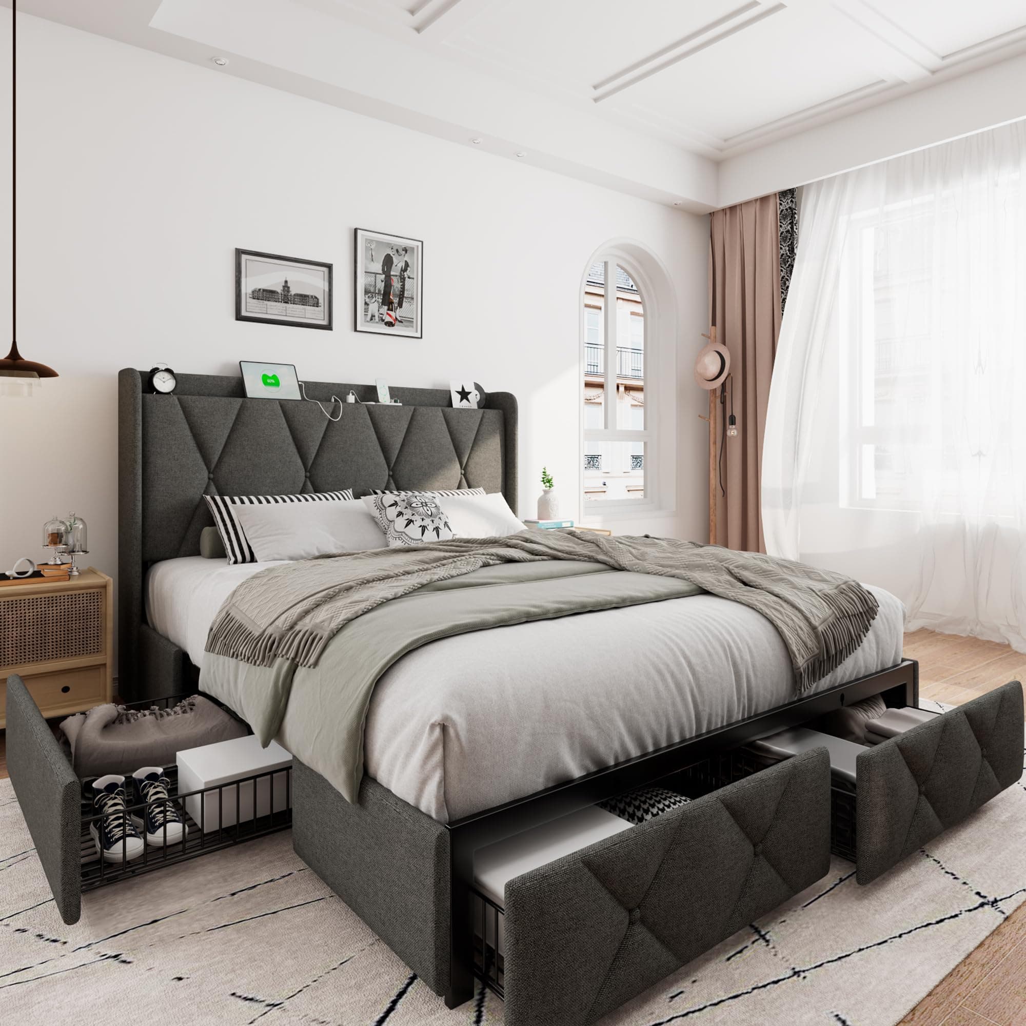 iPormis Dark Grey Queen Bed Frame with Storage & Charging Station