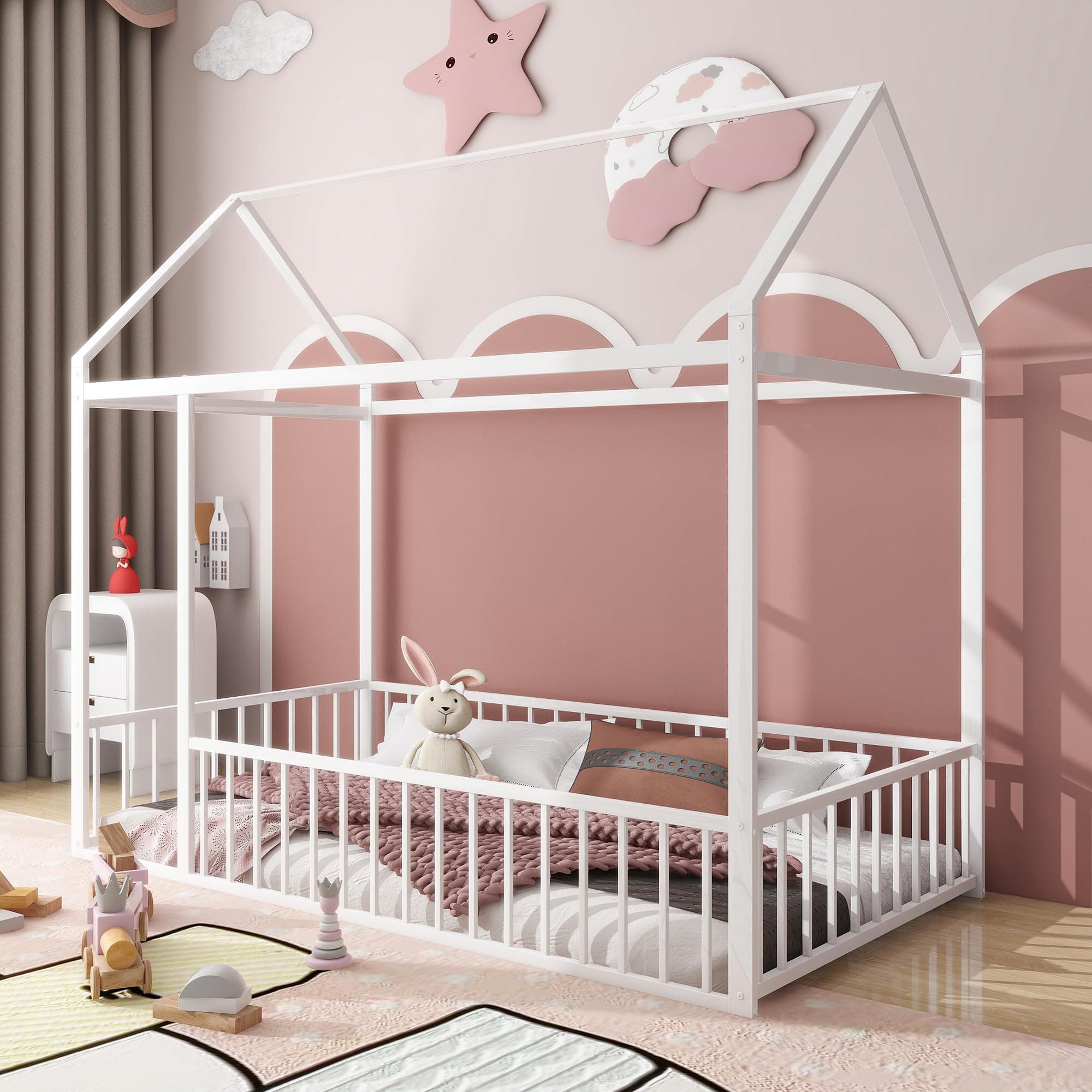 Bellemave Montessori Twin Size House Floor Bed, White