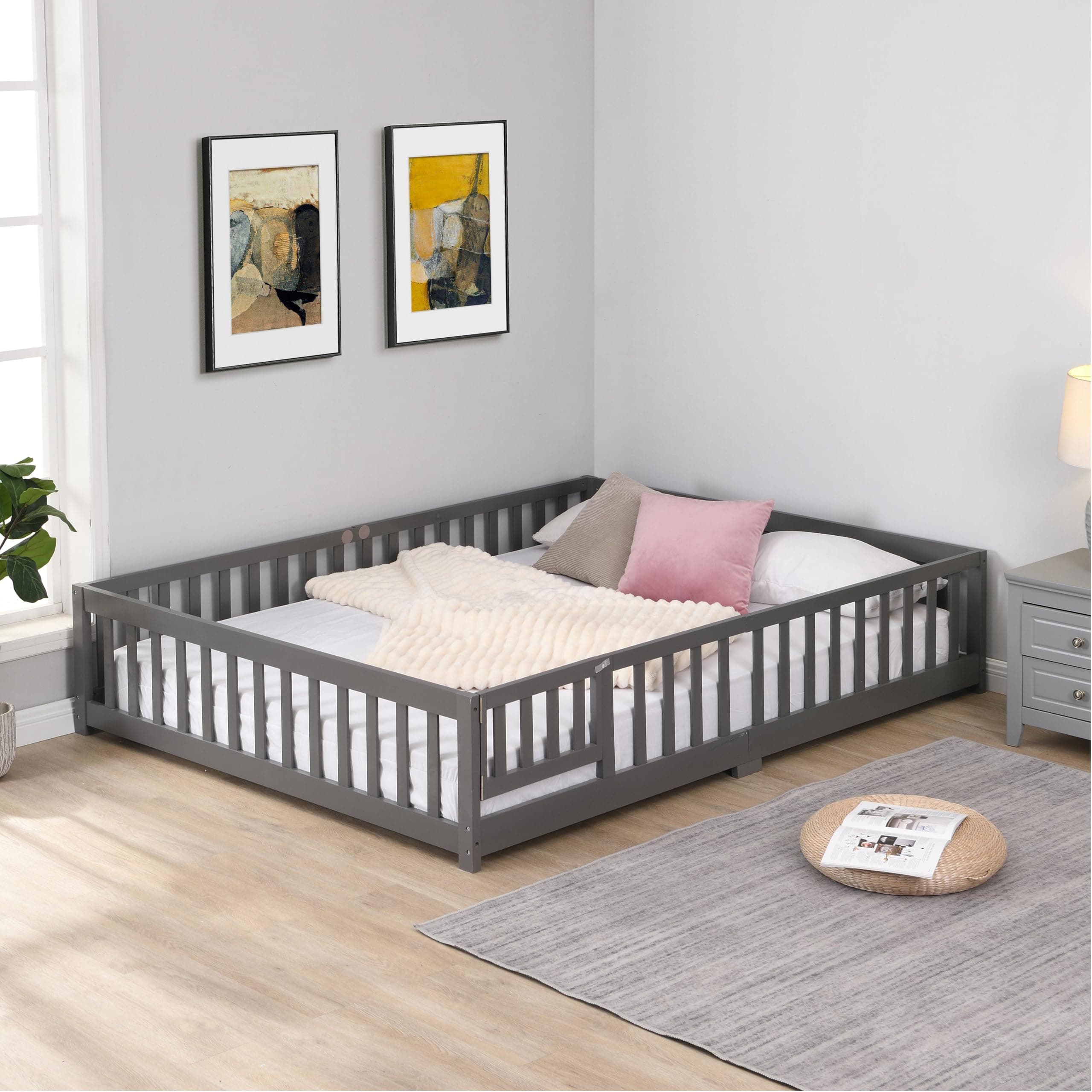 Queen Size Pine Wood Floor Bed Frame with Door and Rails - Grey