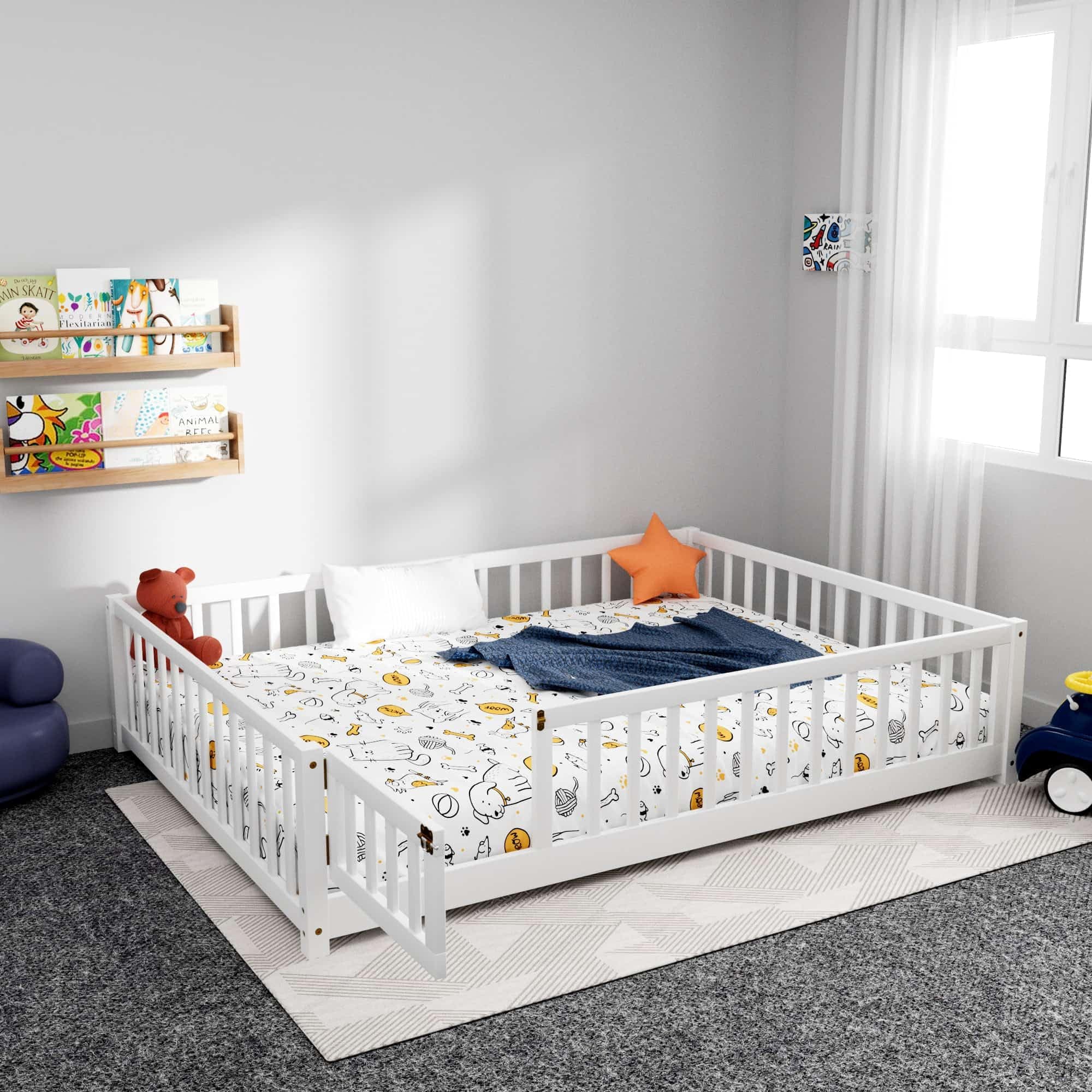 JINS&VICO Full Size Montessori Floor Bed with Door & Safety Guards, White