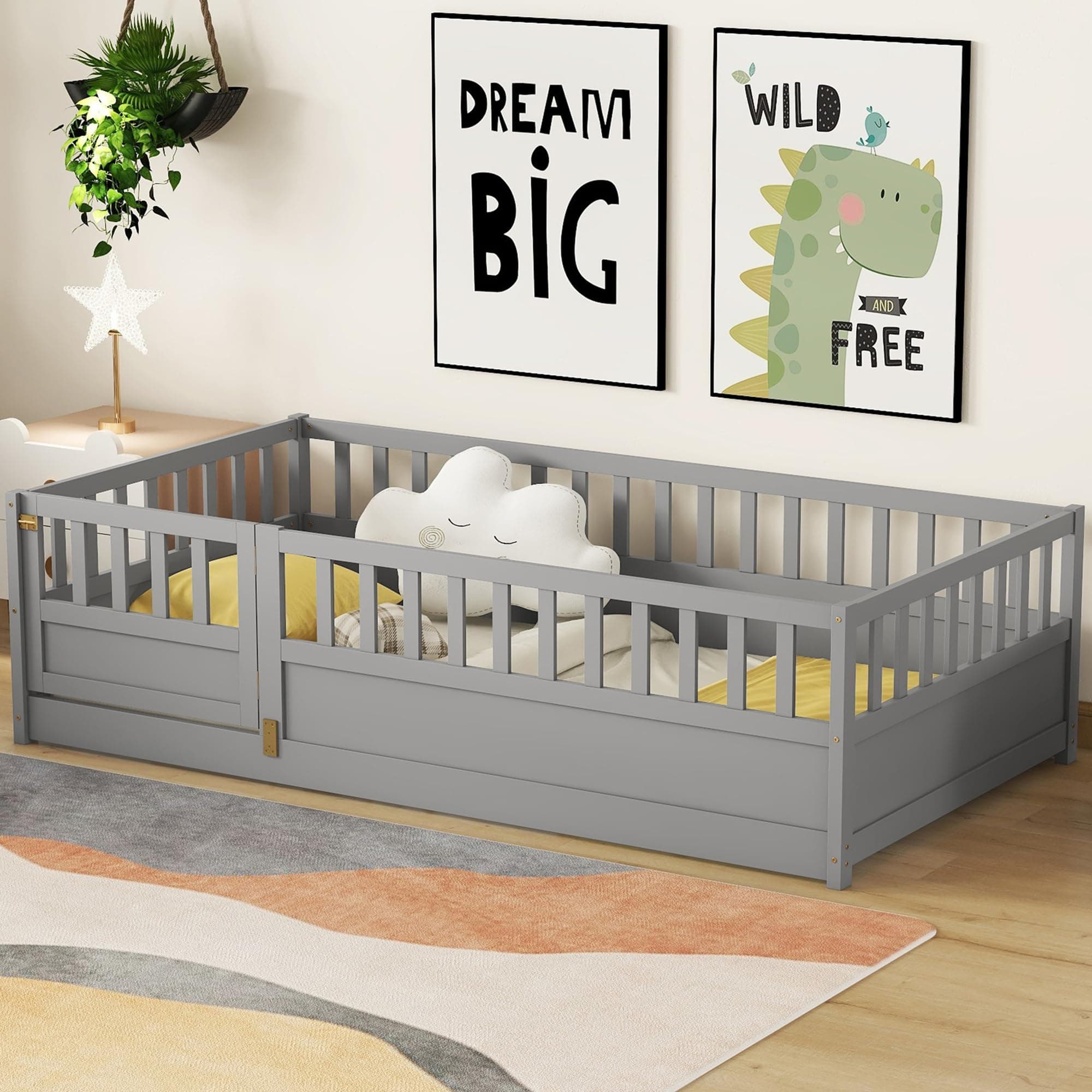Montessori Twin Size Floor Bed with High Fence & Door (Gray)