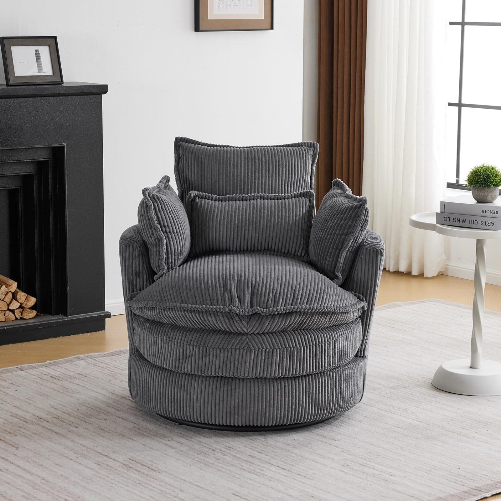 Karl Home Grey Corduroy Swivel Lounge Chair with 3 Pillows
