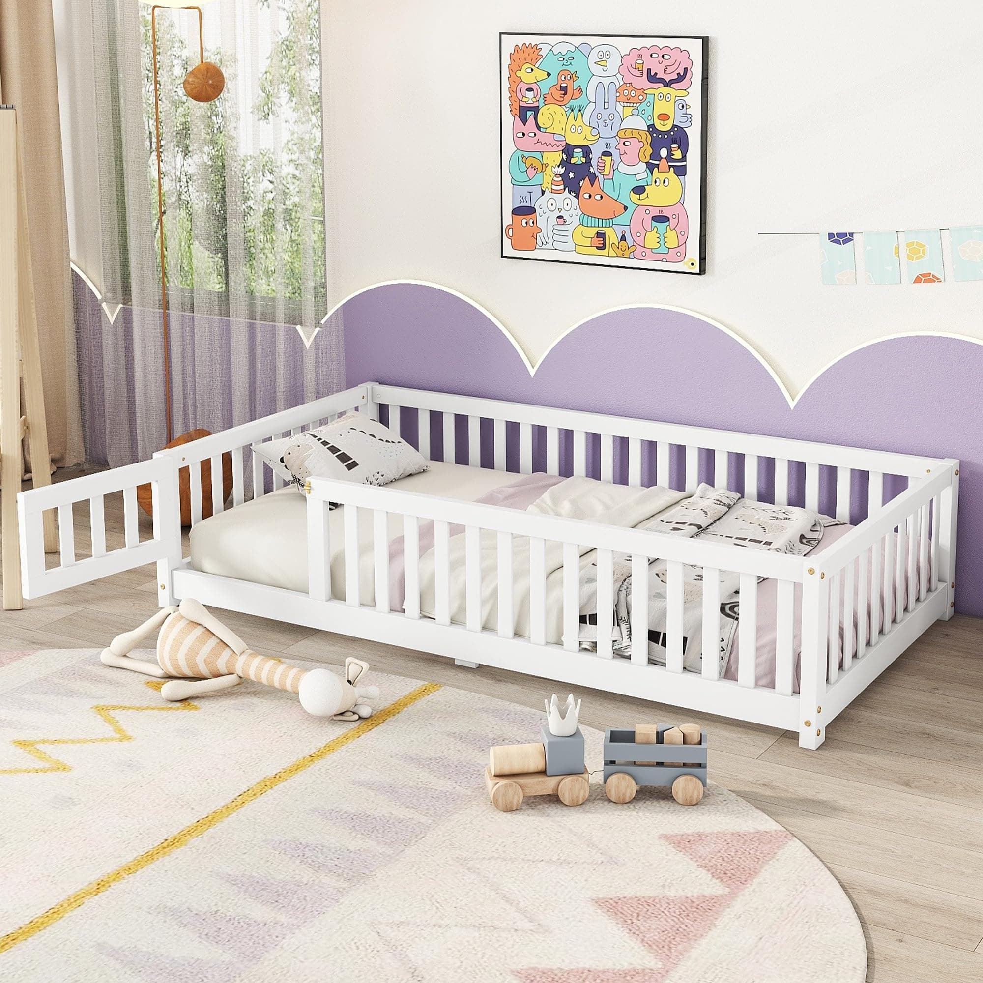 Wooden Montessori Twin Floor Bed with Slats and Support Bar