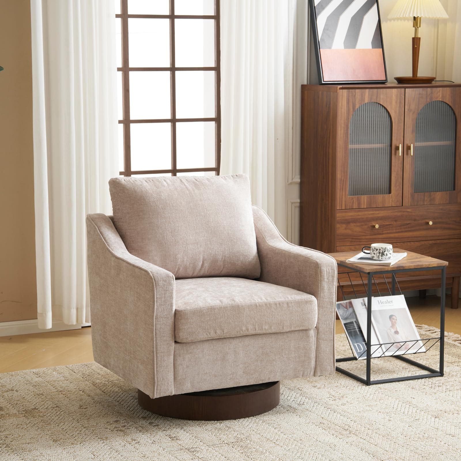 VINGLI Mid-Century Modern Swivel Chair, Chenille Khaki, Living Room Accent