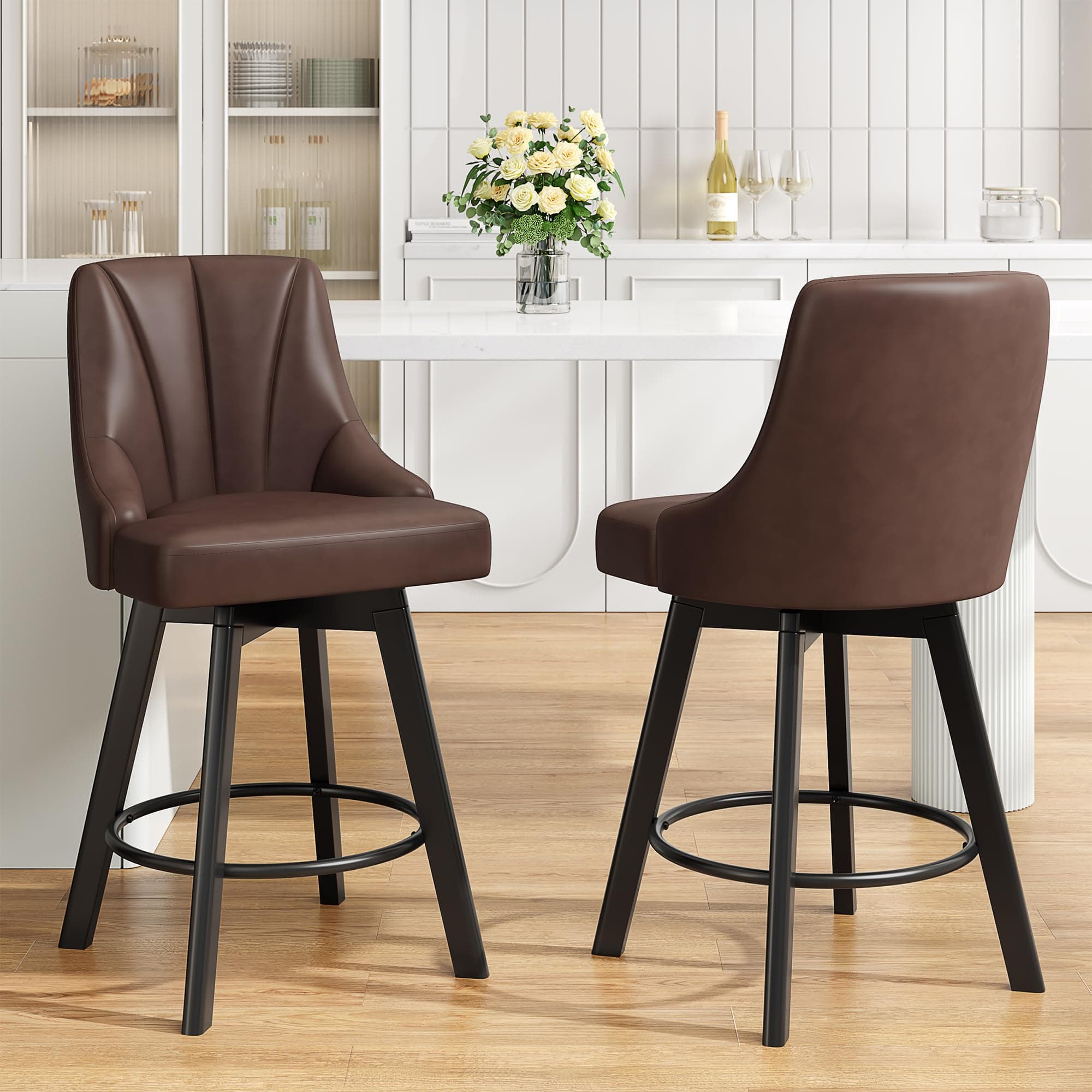 24" Brown Leather Bar Stools with Back, Solid Wood Legs for Kitchen Island