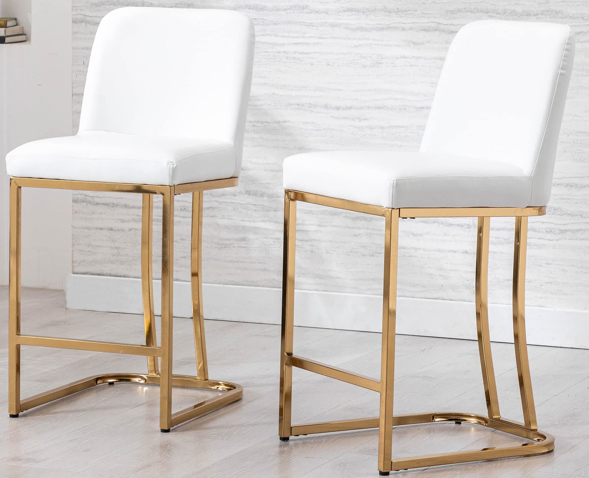 VESCASA Mid-Century Modern 24 Counter Height Barstools with Back - Set of 2, White Faux Leather with Gold Frame for Kitchen or Bar