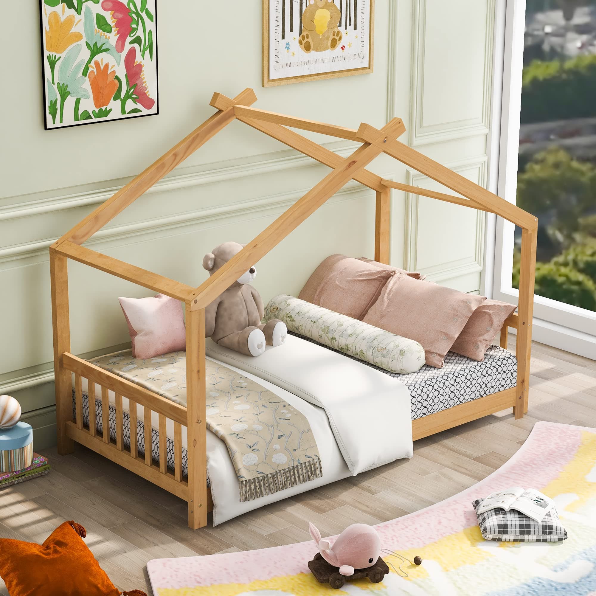 Bellemave Natural Wood Montessori Twin Bed with Headboard & Footboard