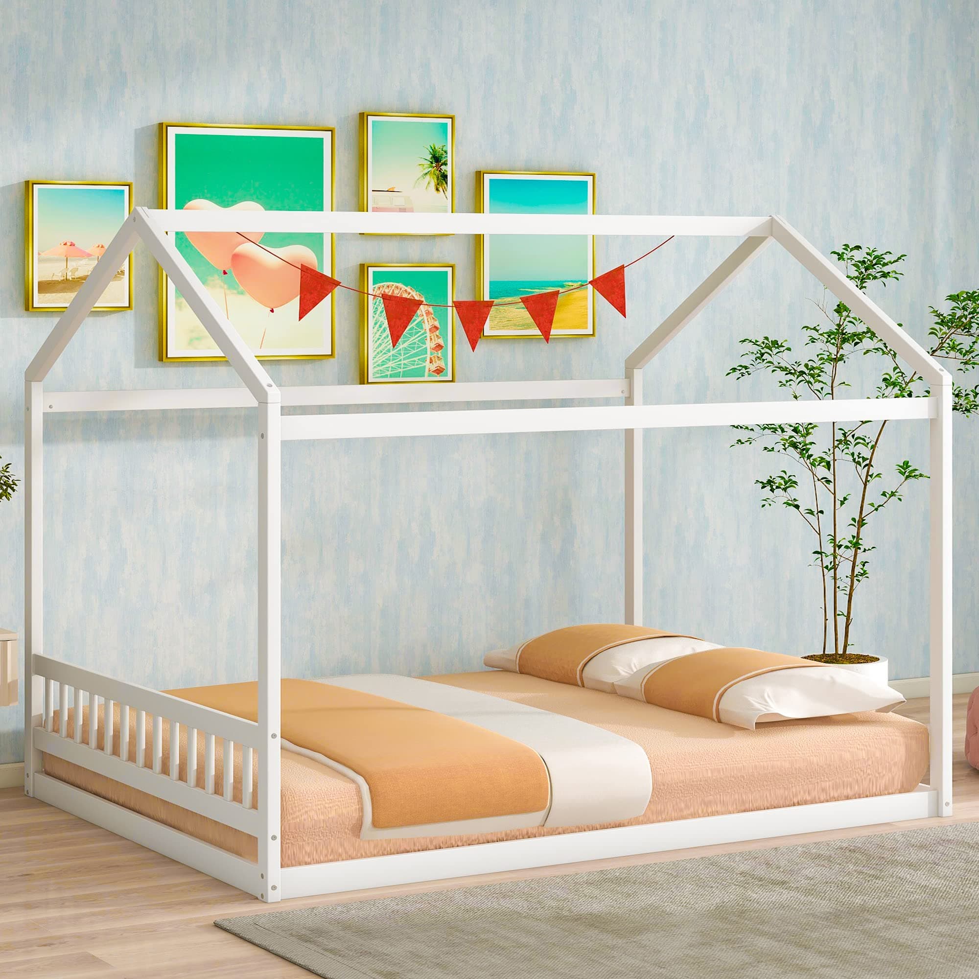 Merax White Queen Size Wooden House Bed, No Headboard Needed
