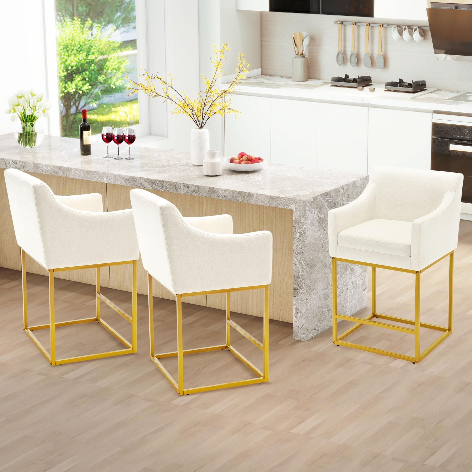Modern 26" Counter Height Bar Stools, Linen Back, Gold Metal, Set of 3