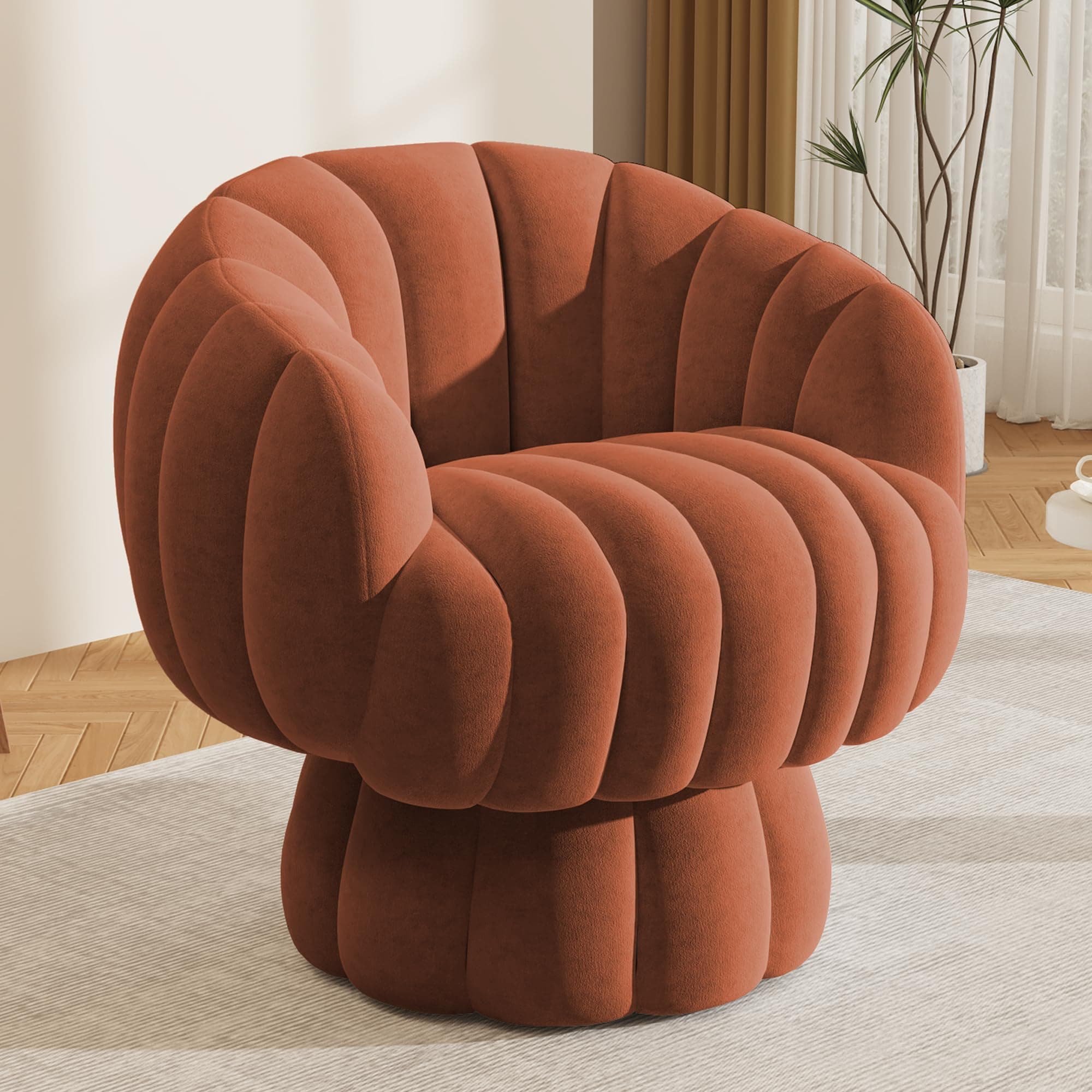 Mid Century Modern Fluffy Velvet Burnt Orange Swivel Reading Chair