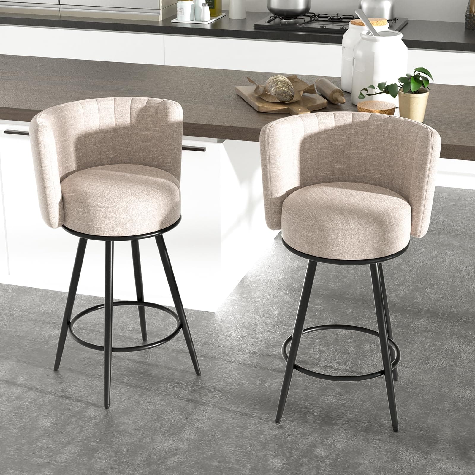 Beige Tufted Counter Height Bar Stools Set of 2, Modern Metal Legs