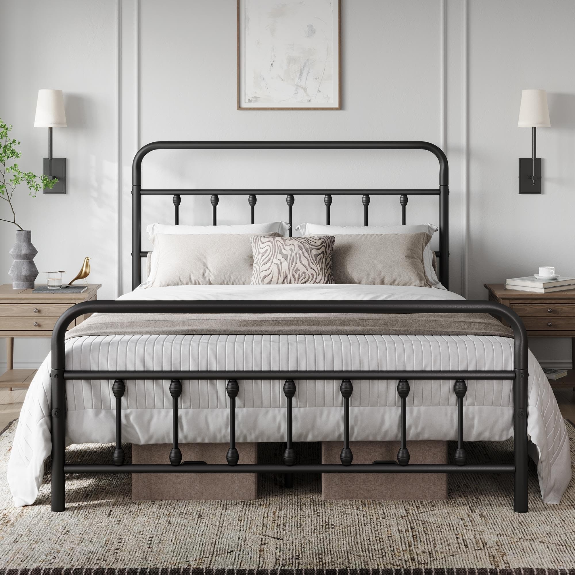 Yaheetech Classic Queen Bed Frame with Victorian Iron-Art Headboard/Footboard/Under Storage Black
