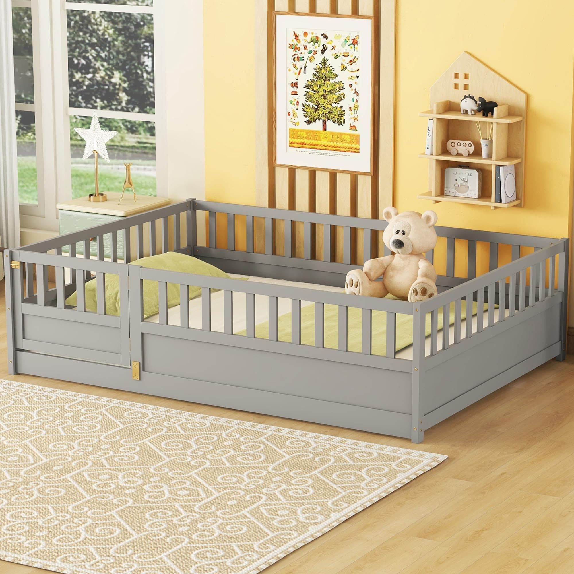 Full Size Wood Montessori Bed with High Fence & Door, No Box Spring Needed