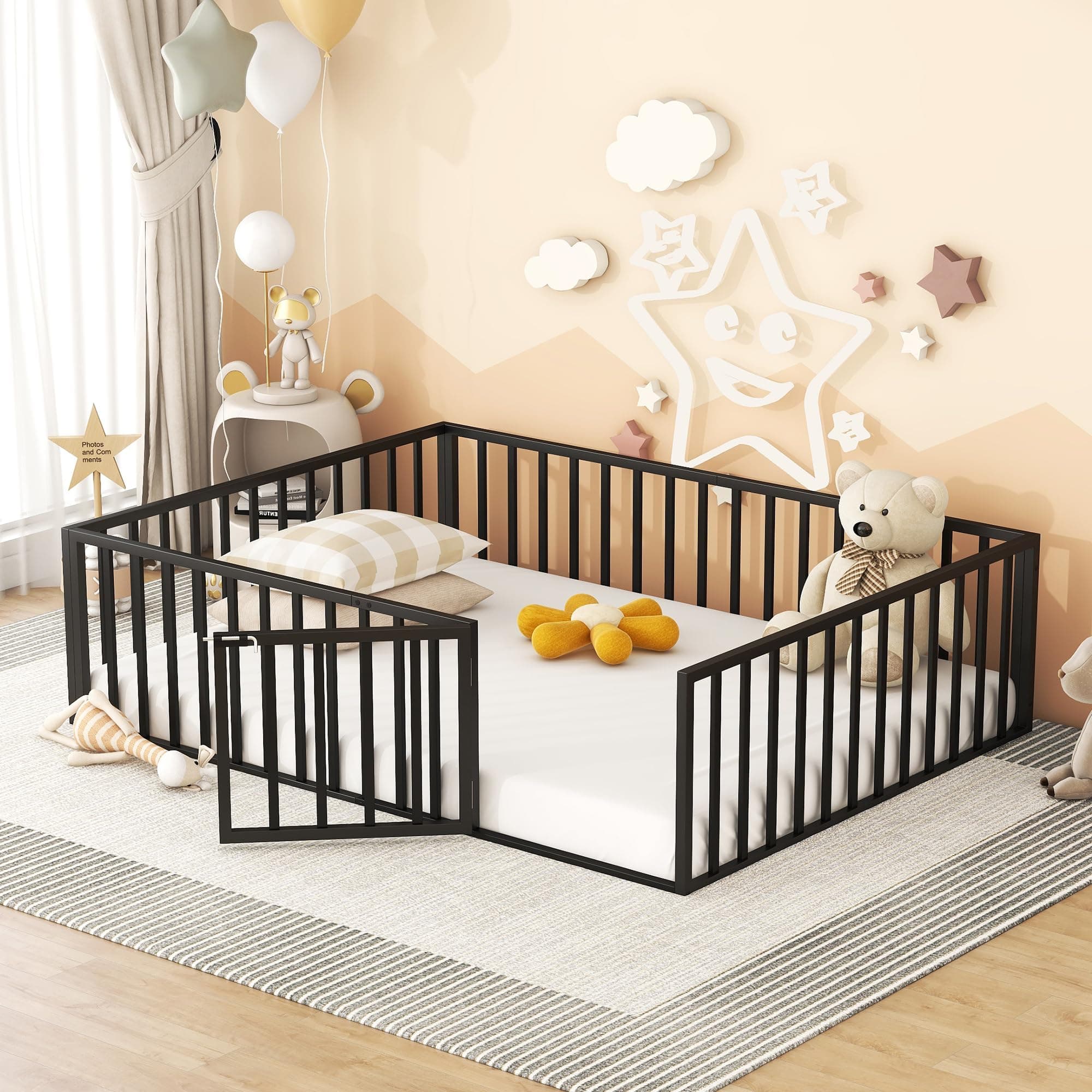 Black Metal Queen Bed Frame with Fence and Door, KP4T656