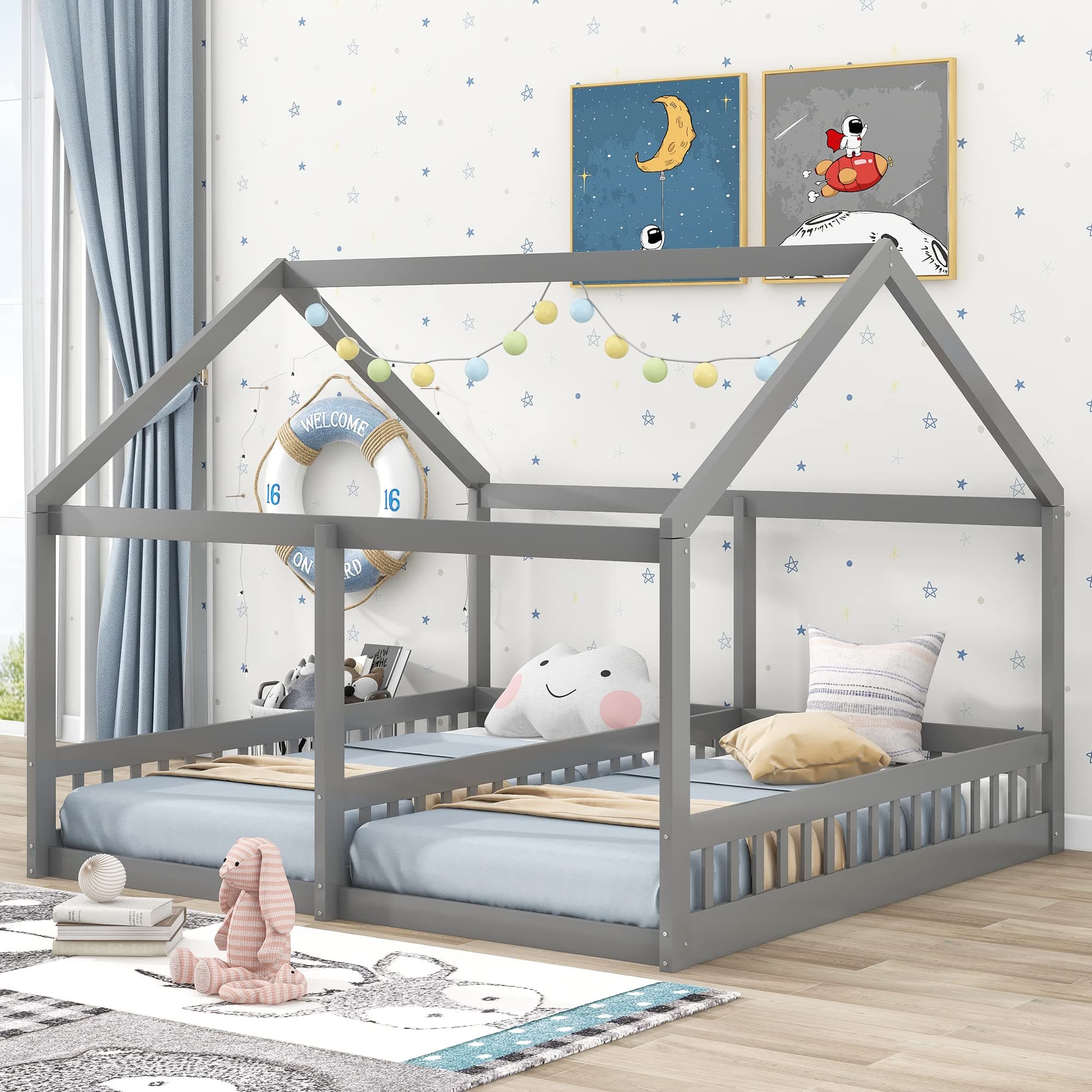 P PURLOVE Double Twin Bed for 2 Kids with Fence, Gray