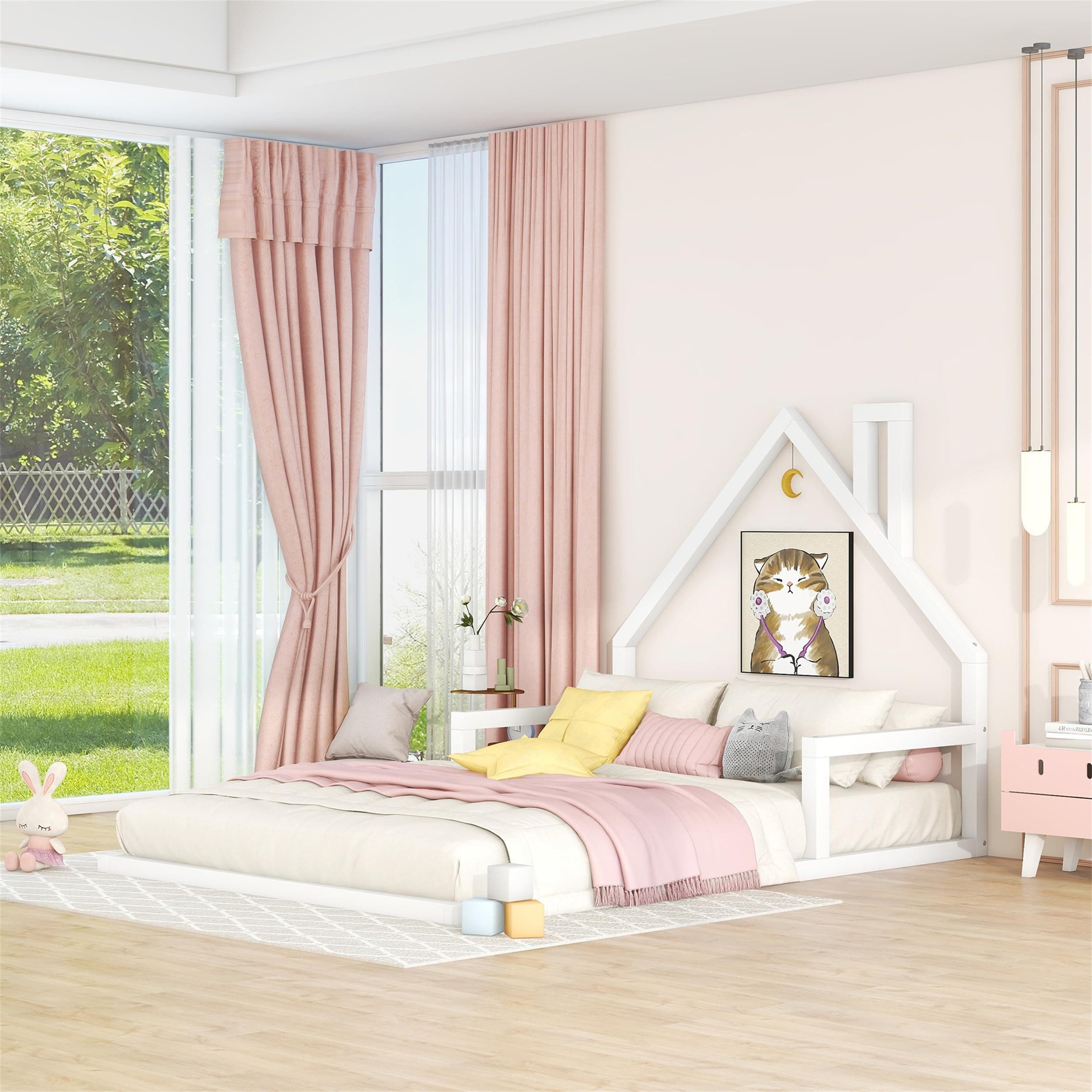 i-POOK Full Size House Bed with House-Shaped Headboard for Children Teens Girls Boys