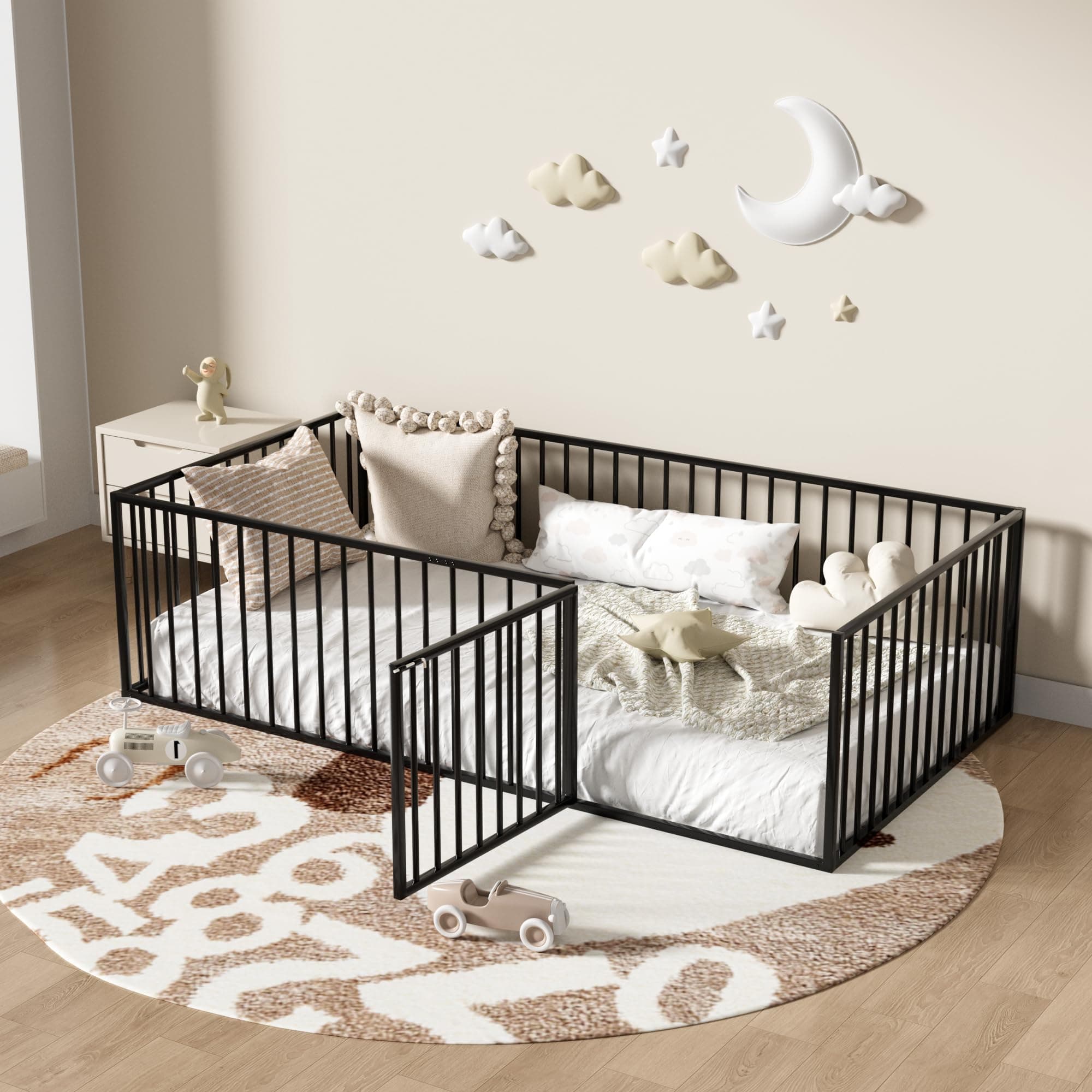 Montessori Safety Floor Bed Frame for Kids, Black No Box Spring Needed