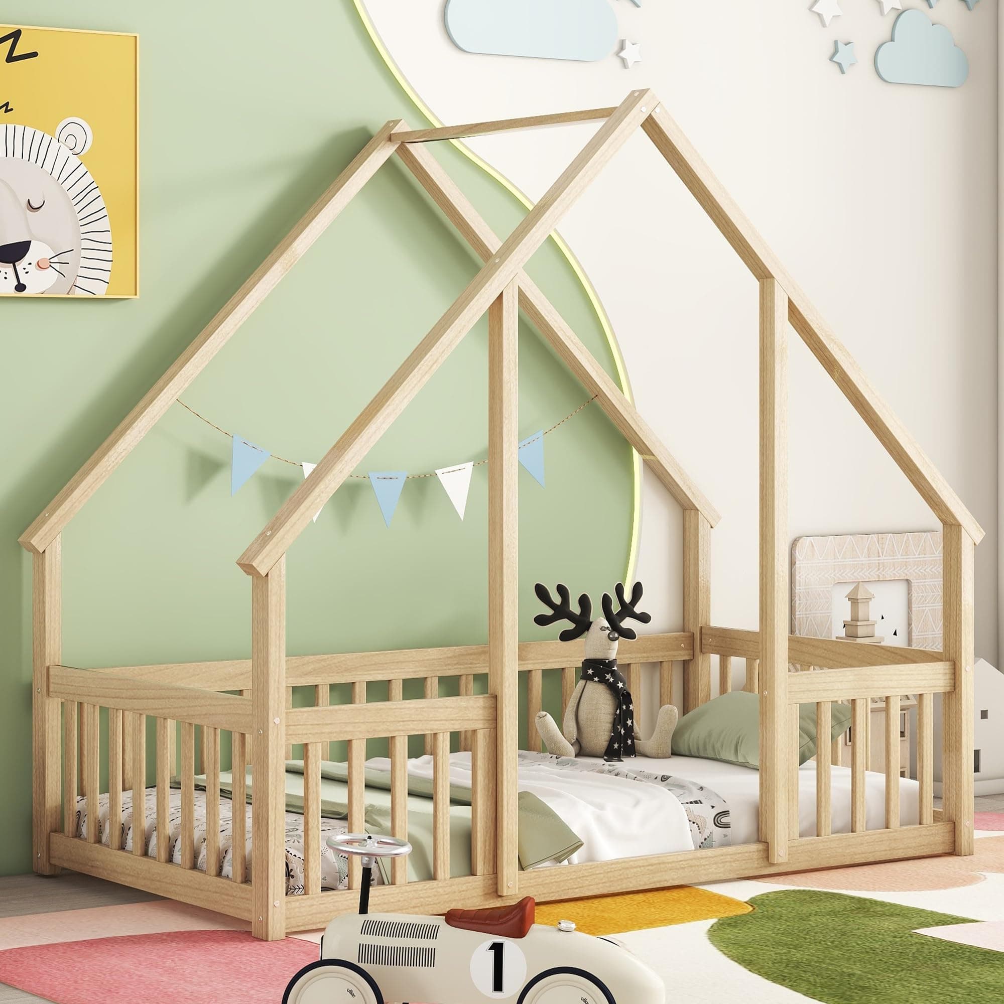 Twin Size Montessori Floor Bed with Fence, Natural Solid Wood Frame