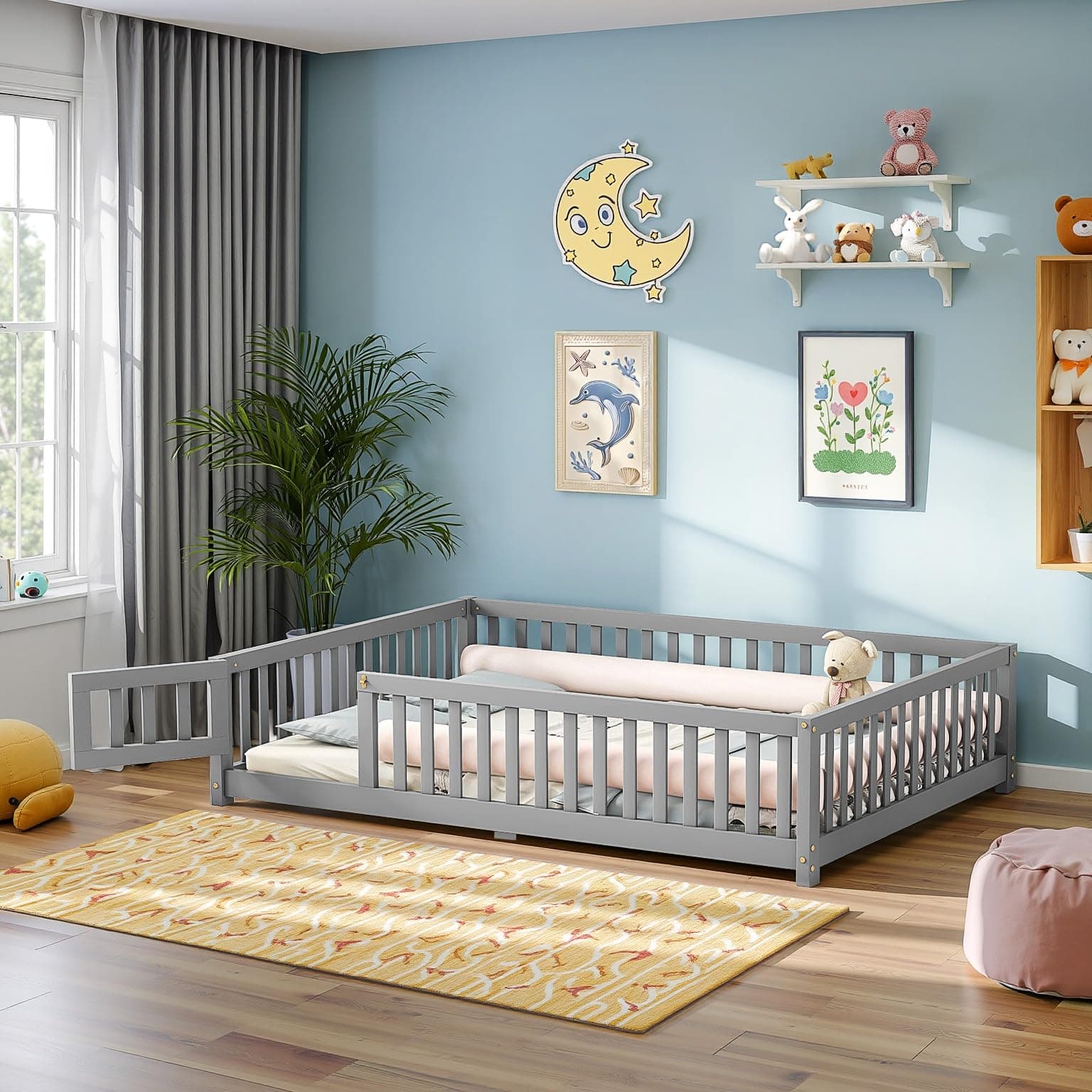 Montessori Twin Bed with Safety Guards and Convertible Door (Grey)