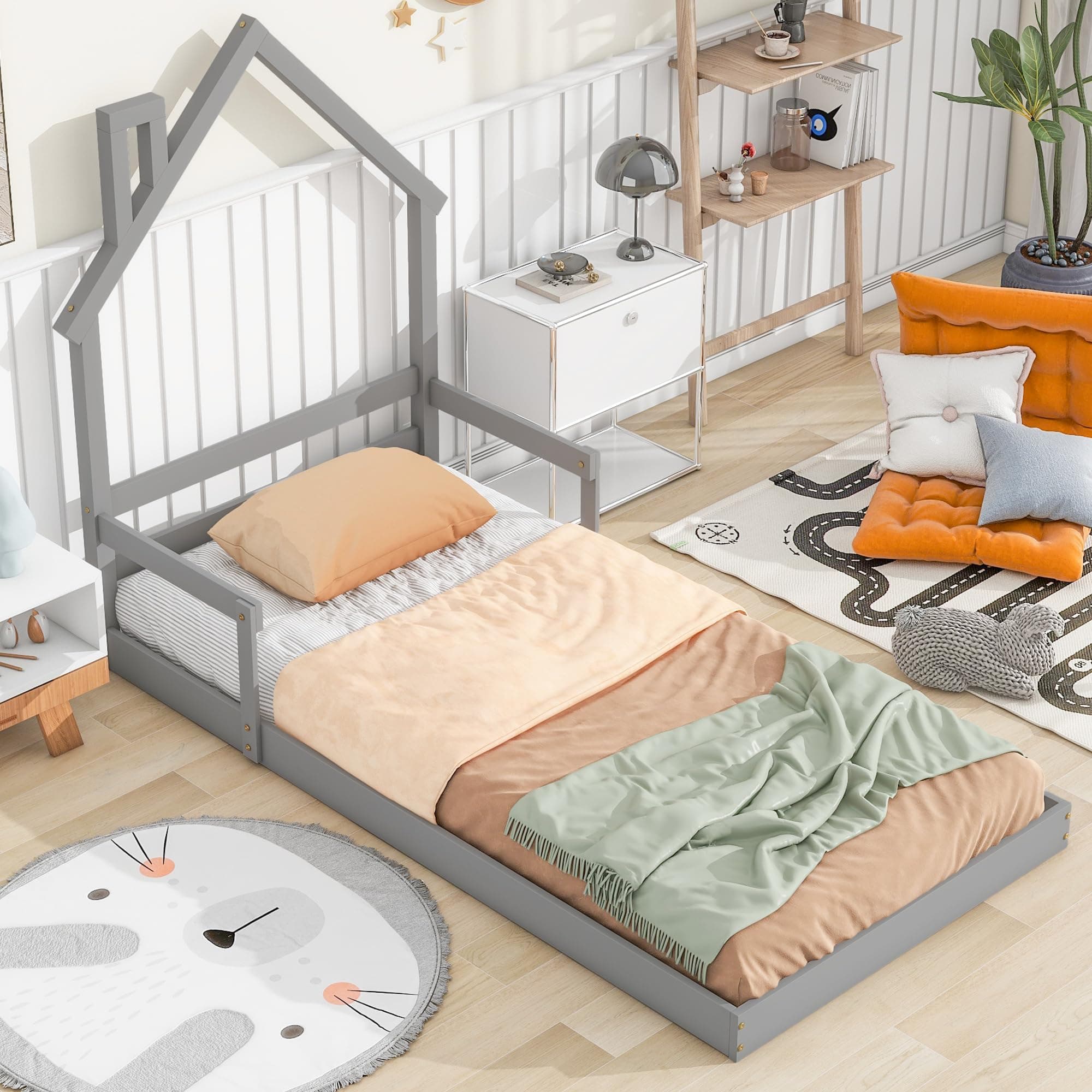 Montessori Twin Floor Bed with Roof & Safety Guardrails, Grey,No Box Spring Needed