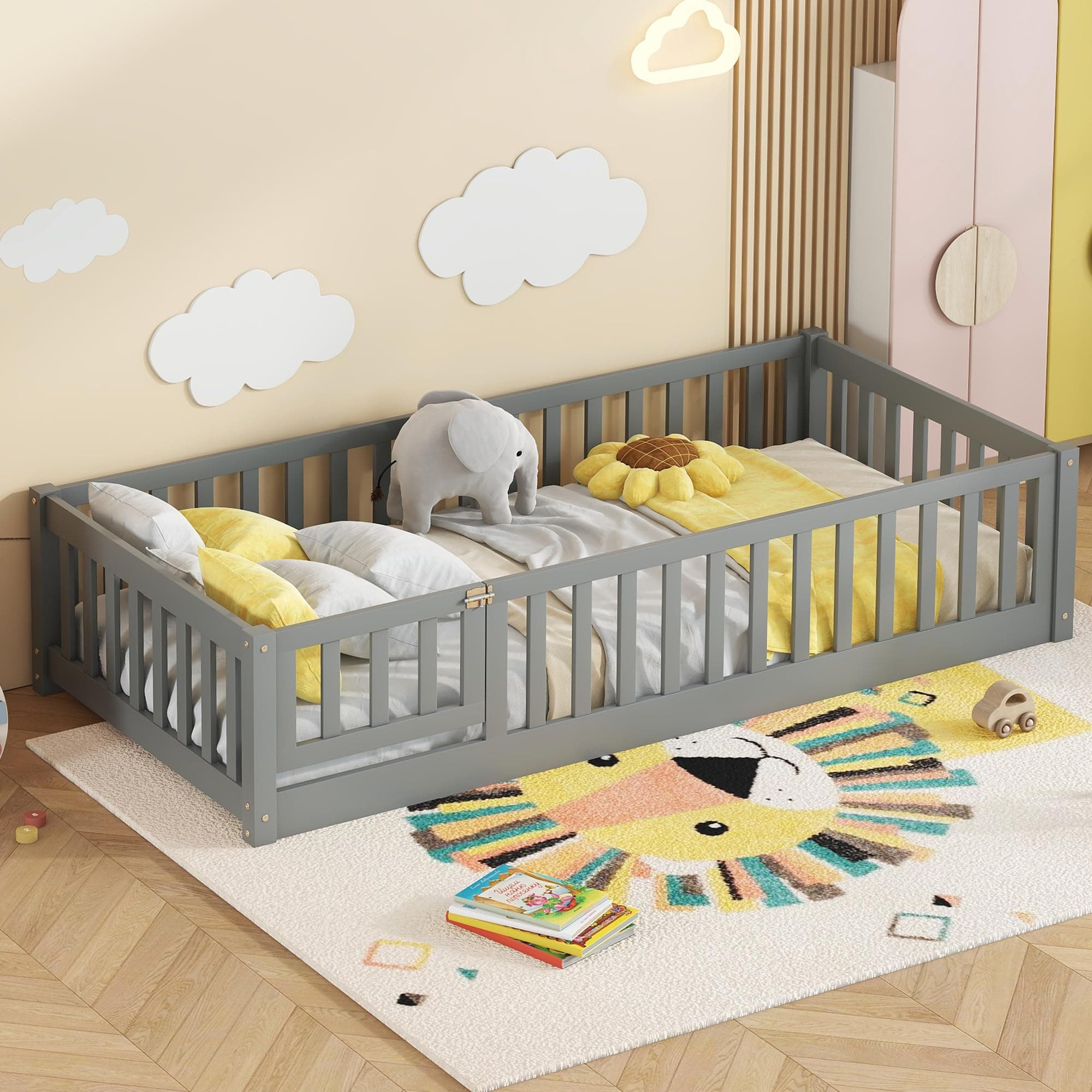 Twin Size Montessori Floor Bed with Door & Safety Guardrails, Gray