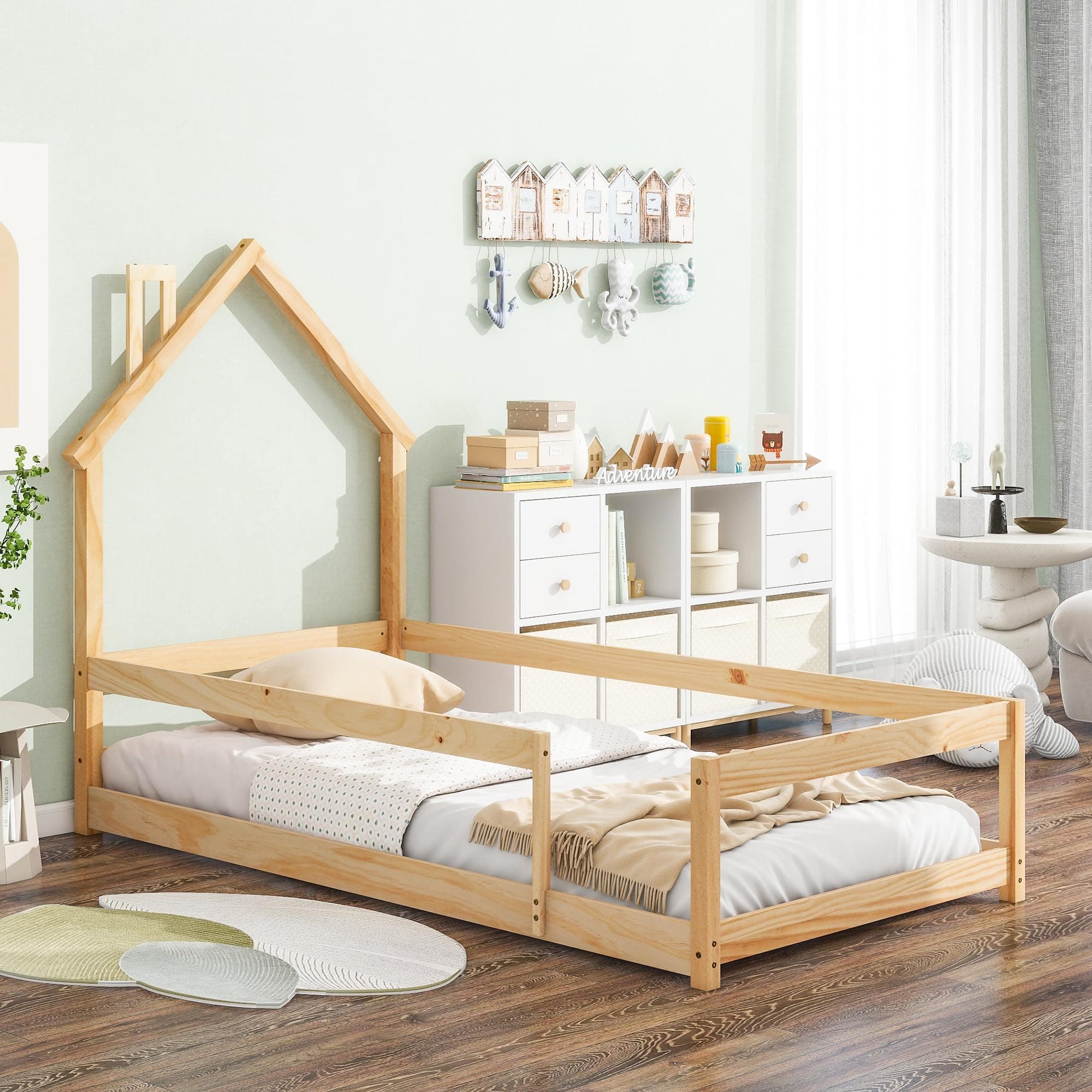 Solid Wood Montessori Floor Bed for Toddlers - Twin Size with House Shaped Headboard