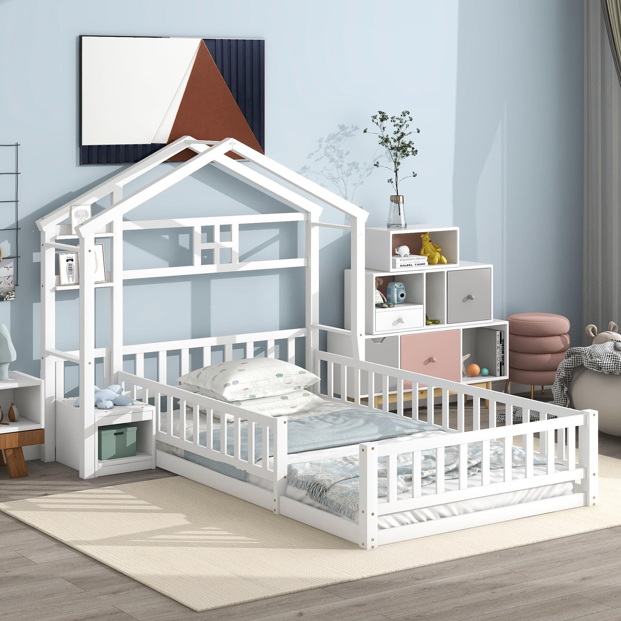 Twin Size Floor Bed with House-Shaped Headboard & Stand, Kids Montessori White