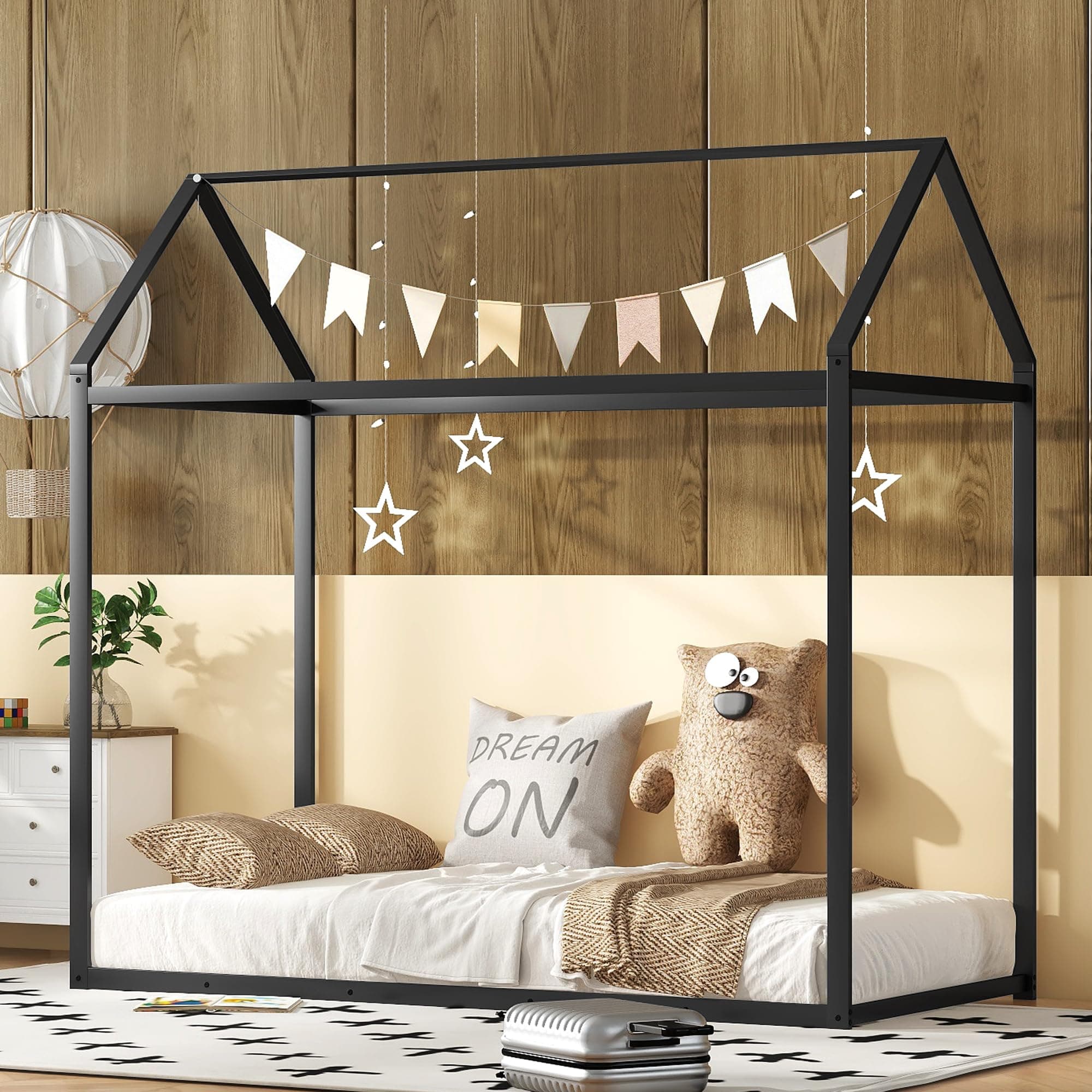 Bellemave Twin Size Metal Floor Bed for Kids, Black