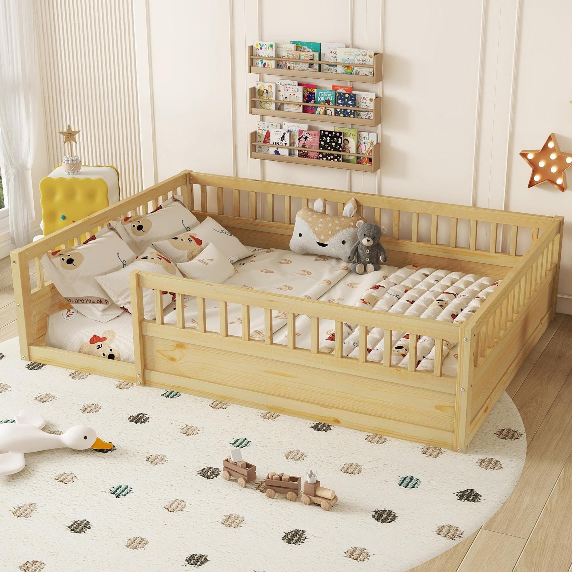 Full Size Montessori Floor Bed with High Fence, Natural Wood for Kids
