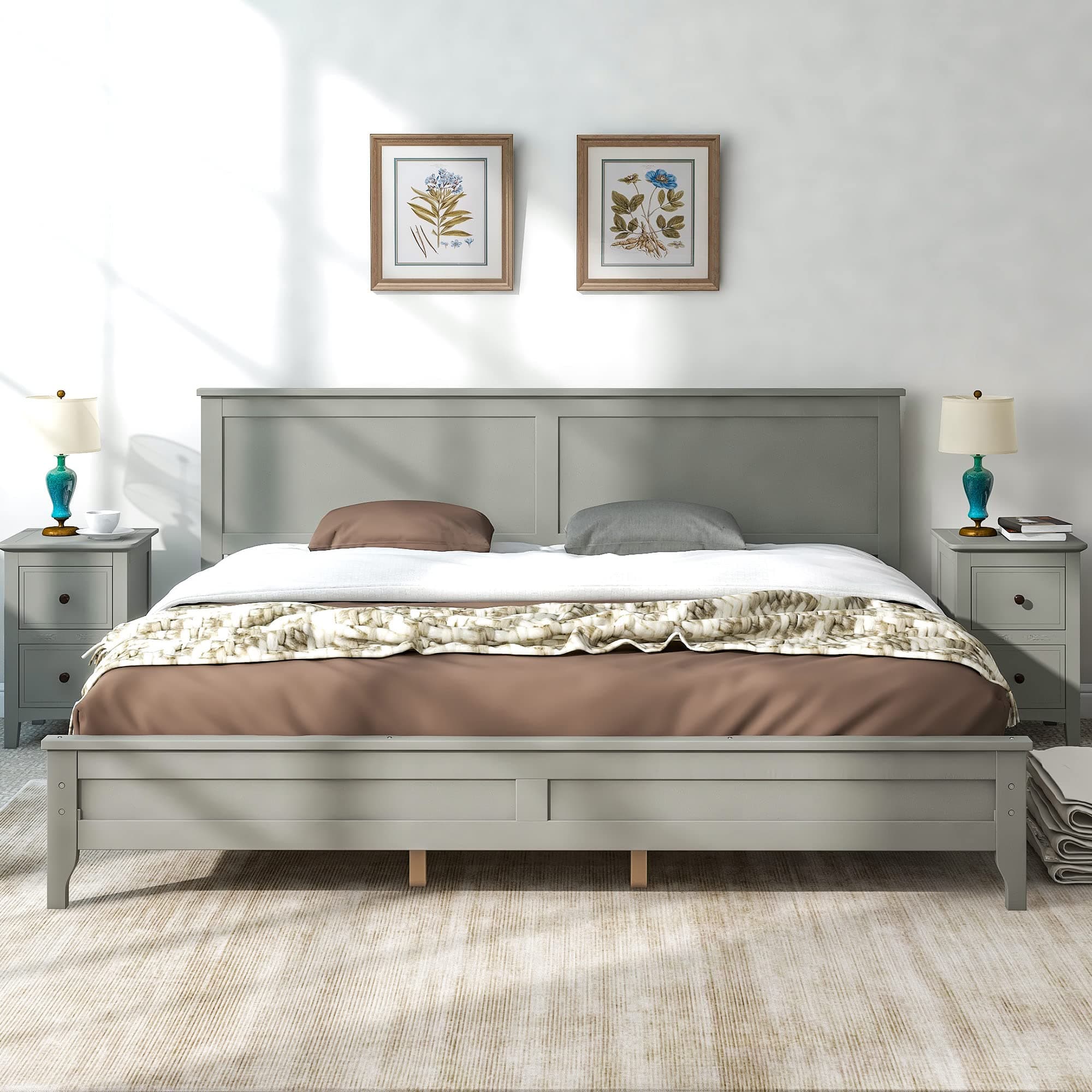 i-POOK Gray King Size Solid Wood Platform Bed with Headboard and Wood Slat Support
