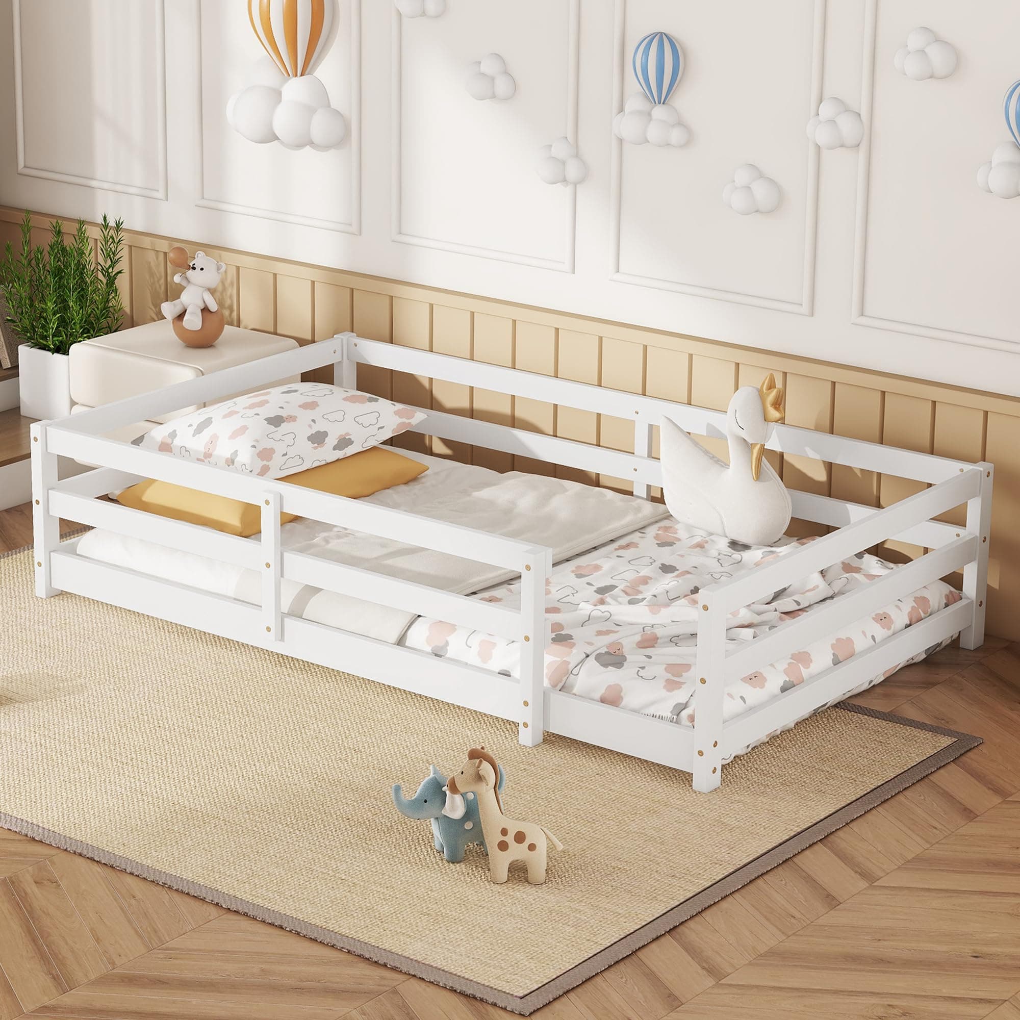 Twin Size Montessori Bed with Fence, Wood for Kids (White)