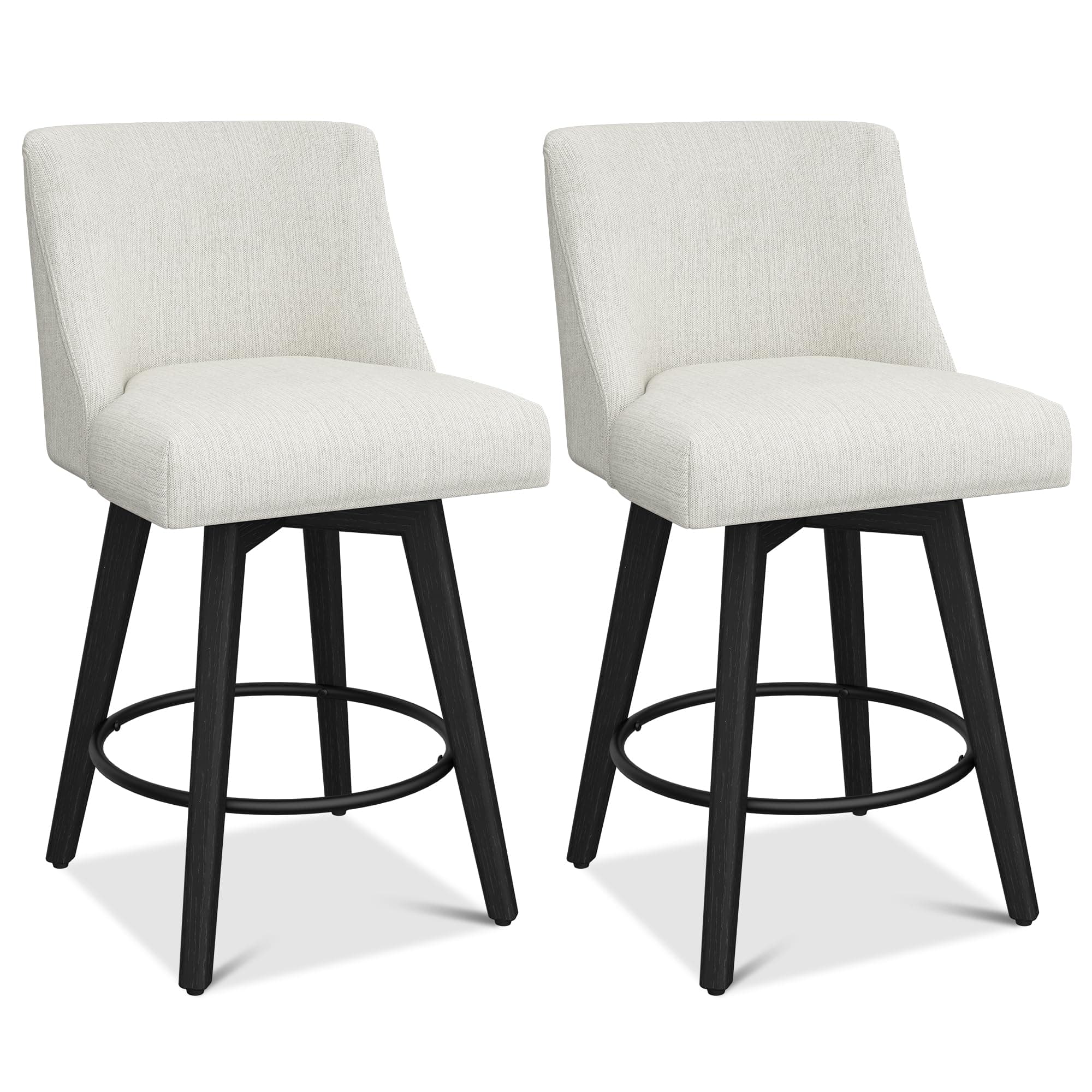 26" Height Swivel Bar Stools, Ivory Fabric, Solid Wood Legs, Modern Kitchen Island Stools Set of 2