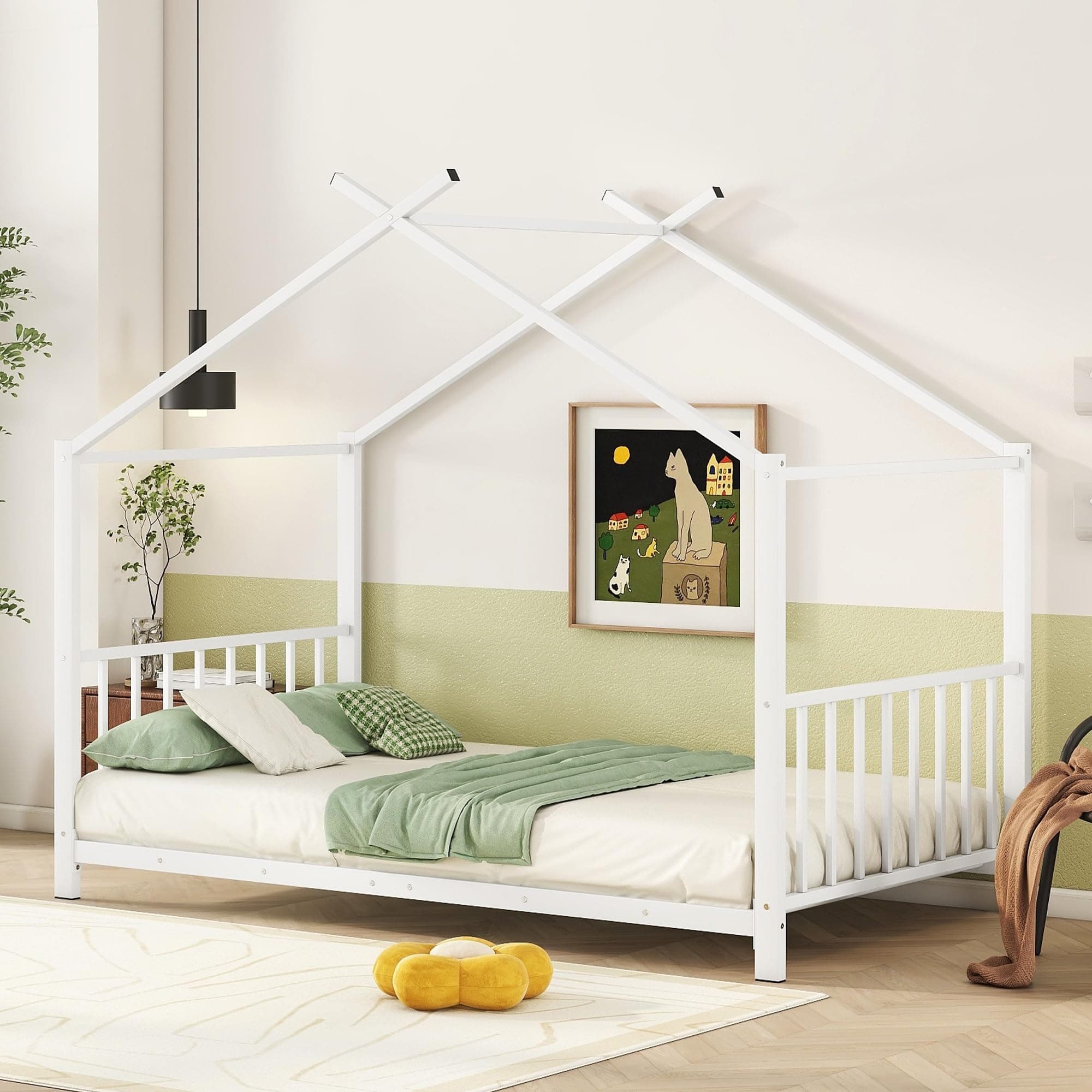 Twin Size Montessori Floor Bed with High Headboard (White)