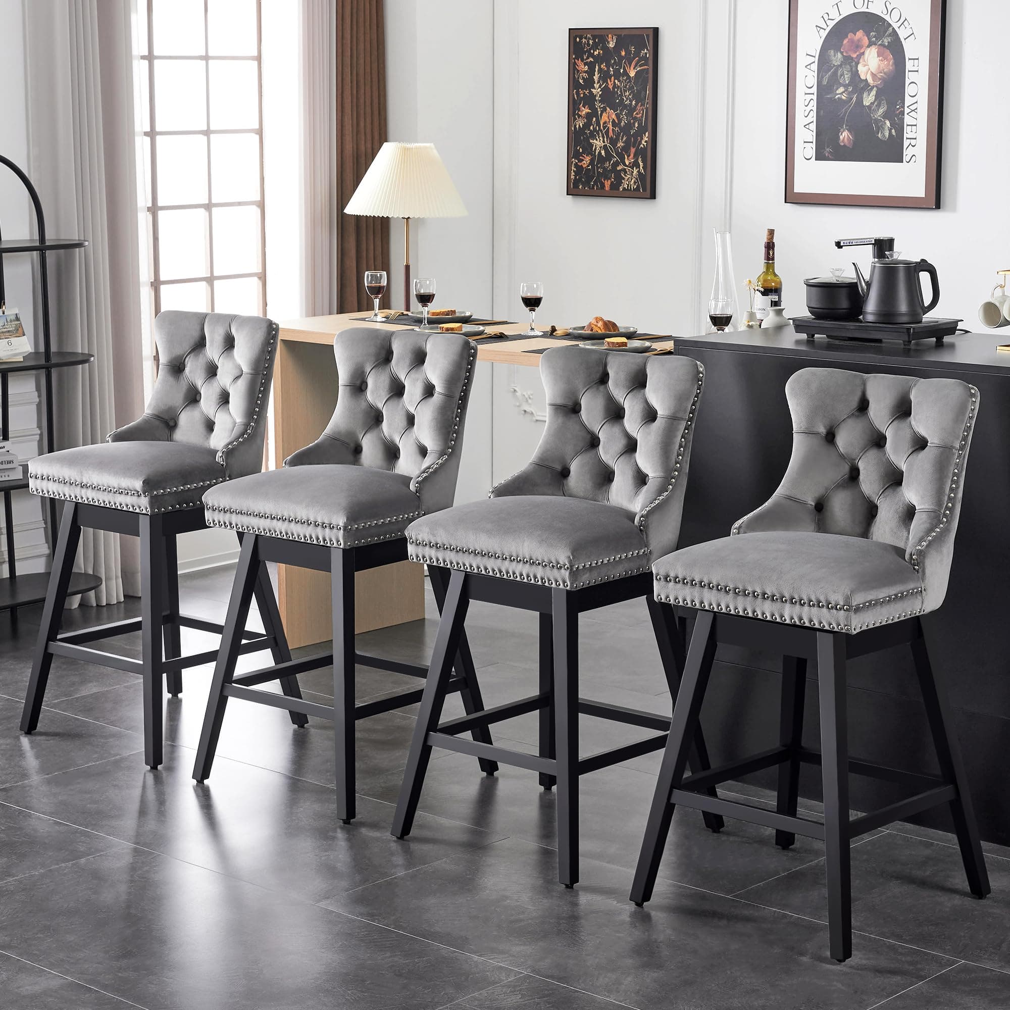 Premium Velvet Upholstered 360 Swivel Bar Stools, Counter Height, Grey, Solid Wood Legs, 30" Seat (Set of 4)