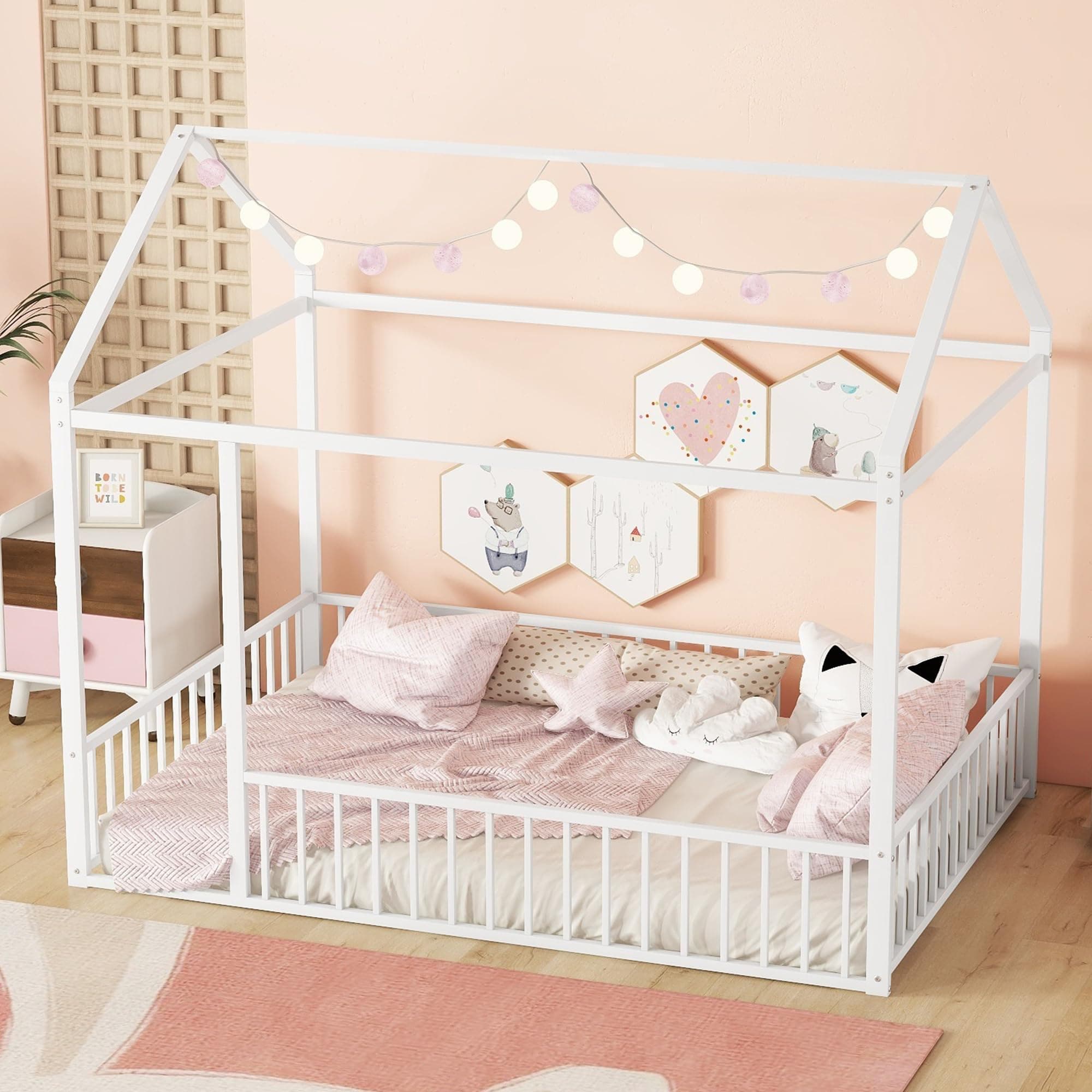 Bellemave Full Size Montessori Metal House Bed with Fence, White