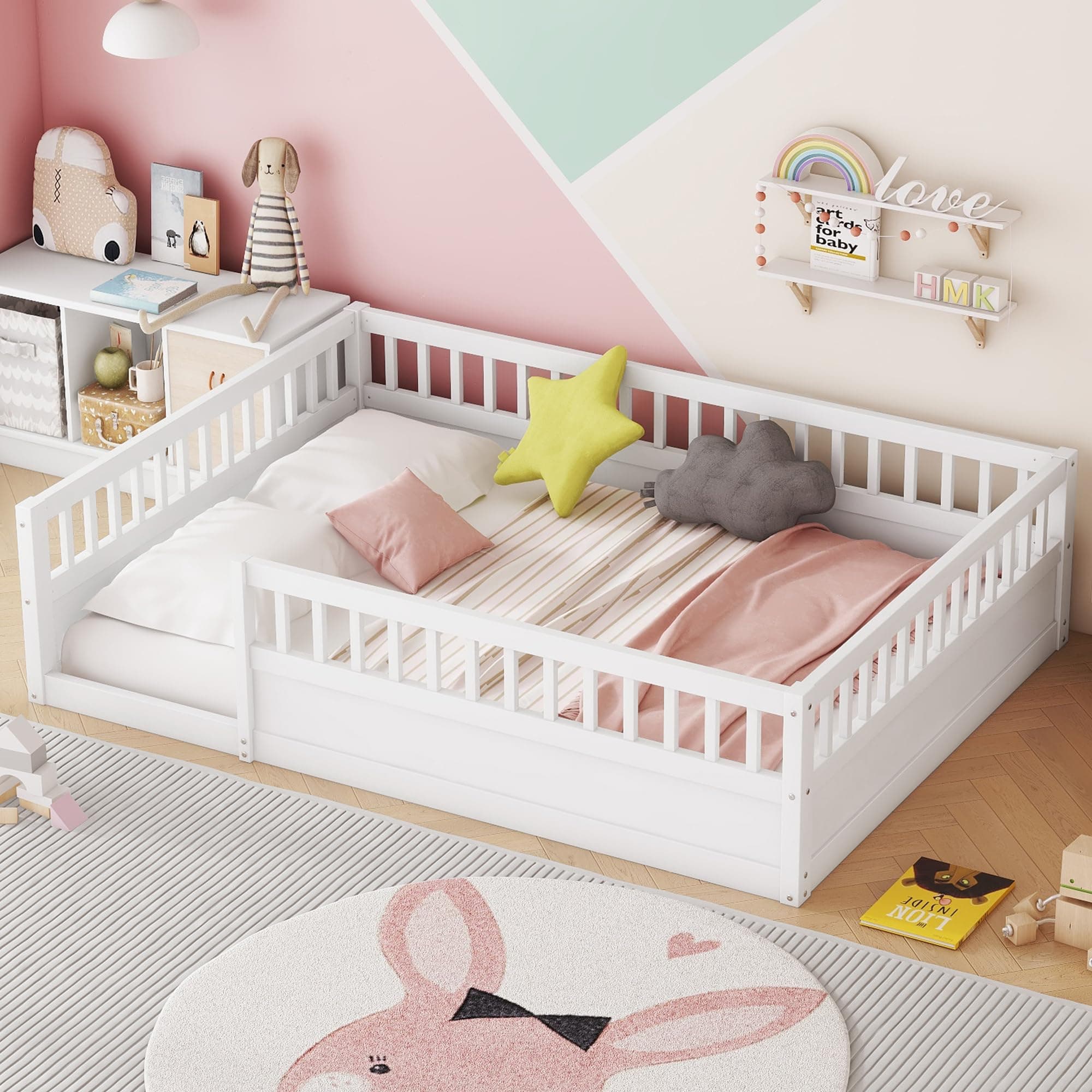 Montessori Full Size Bed with Fence & Open Door, White