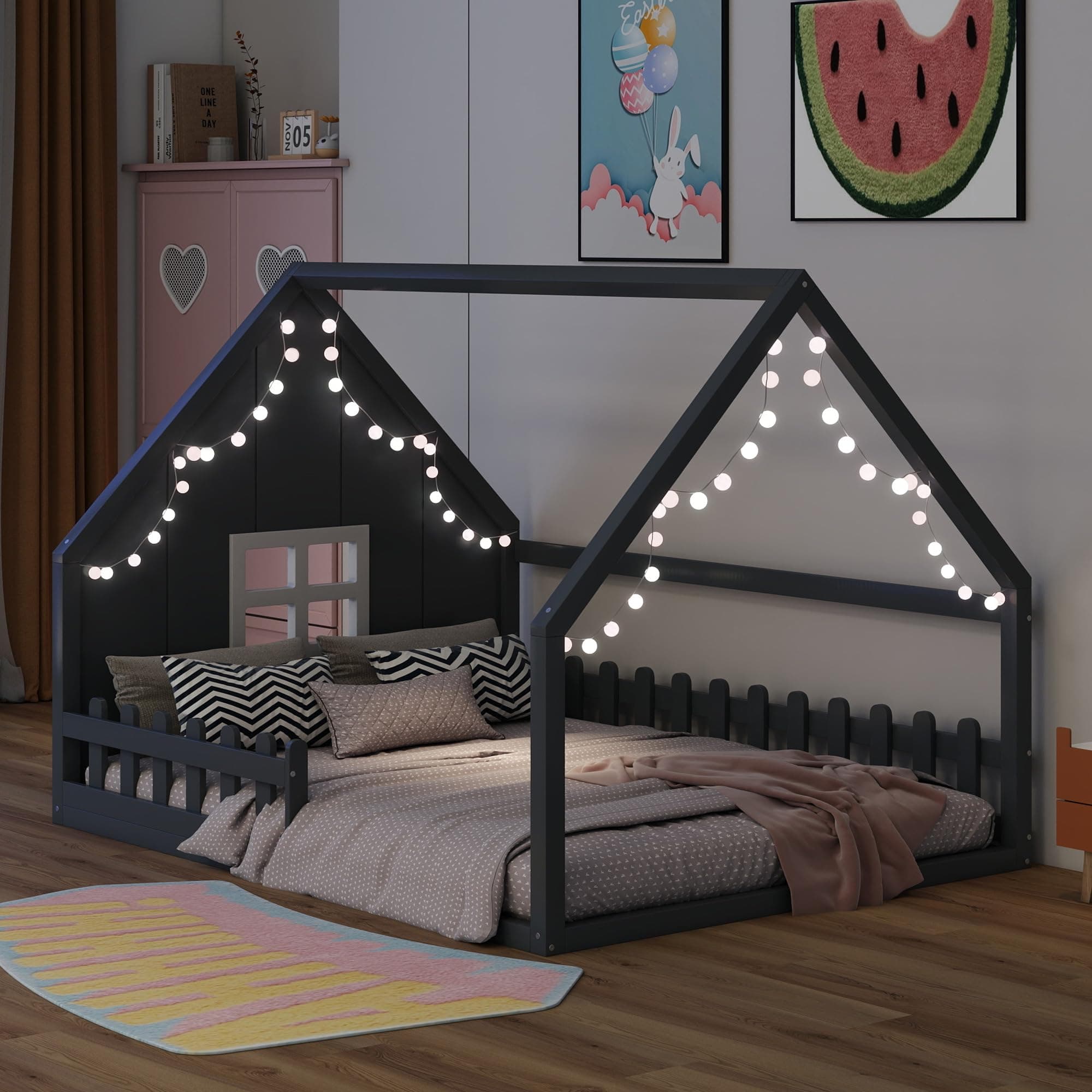 Merax Wood Montessori Full Size Floor Bed with LED Light, Grey