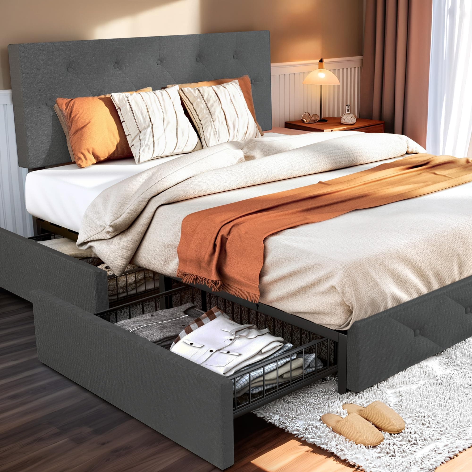 Queen Bed Frame with Headboard Storage Drawers, Mattress Foundation, Grey