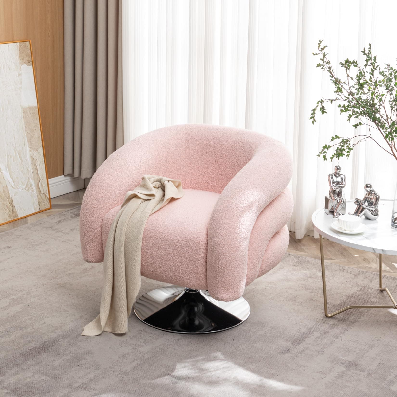 i-POOK Circle Swivel Chair, Boucle Single Sofa Chair with Swivel Base and Wood Frame, Pink
