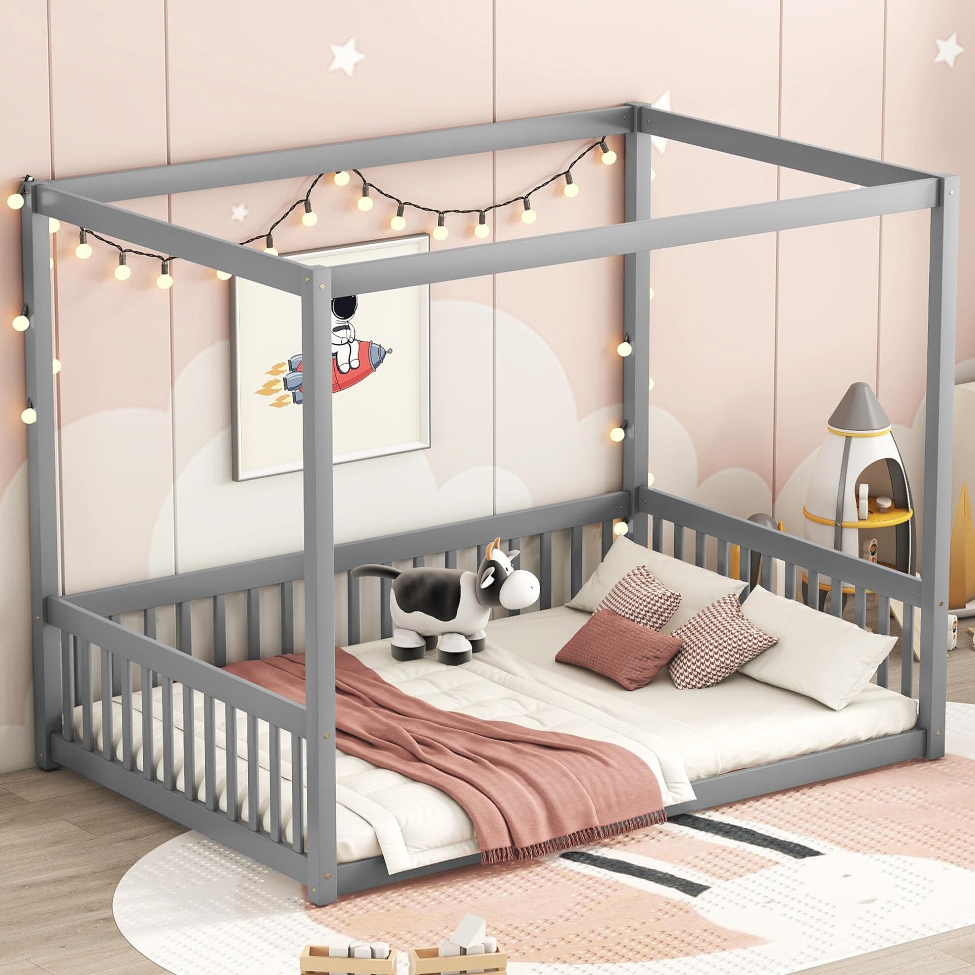 i-POOK Full Size Canopy Bed Frame with Fence, Grey