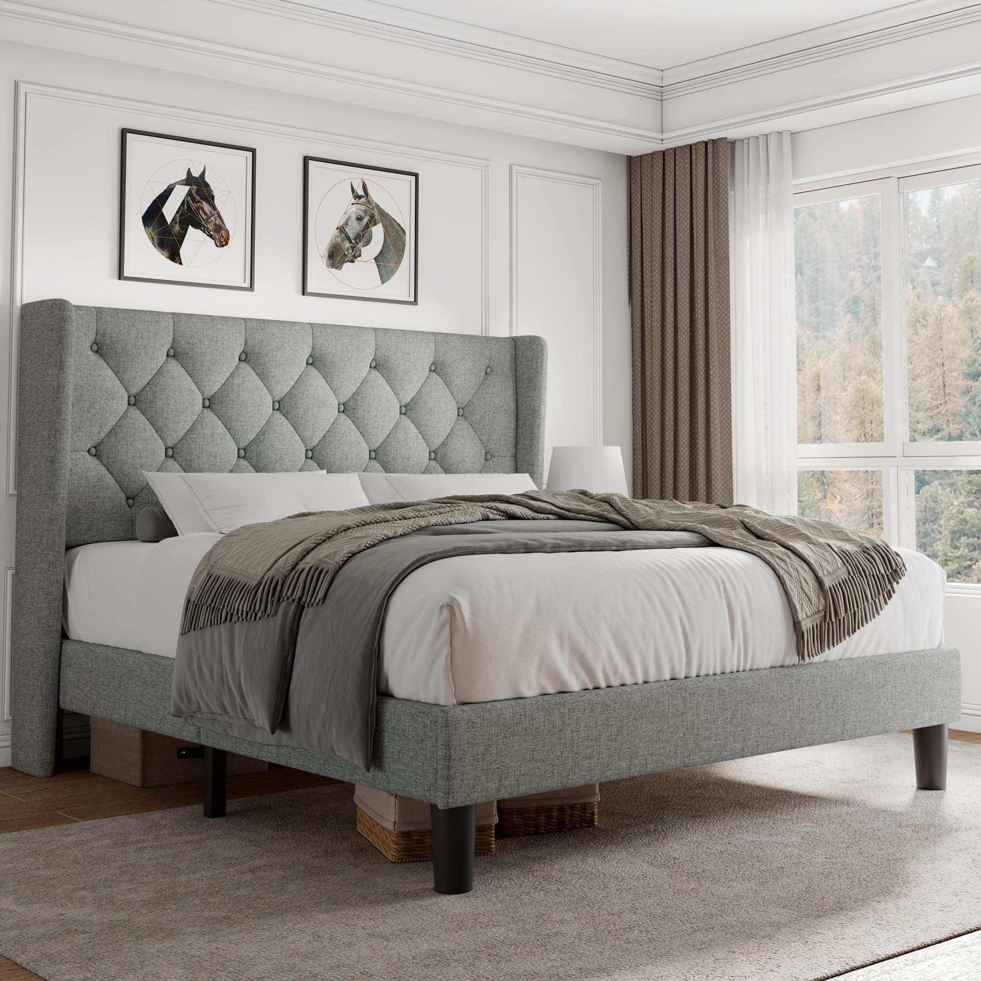 iPormis Queen Size Button Tufted Platform Bed, Light Gray, 8" Space Underneath