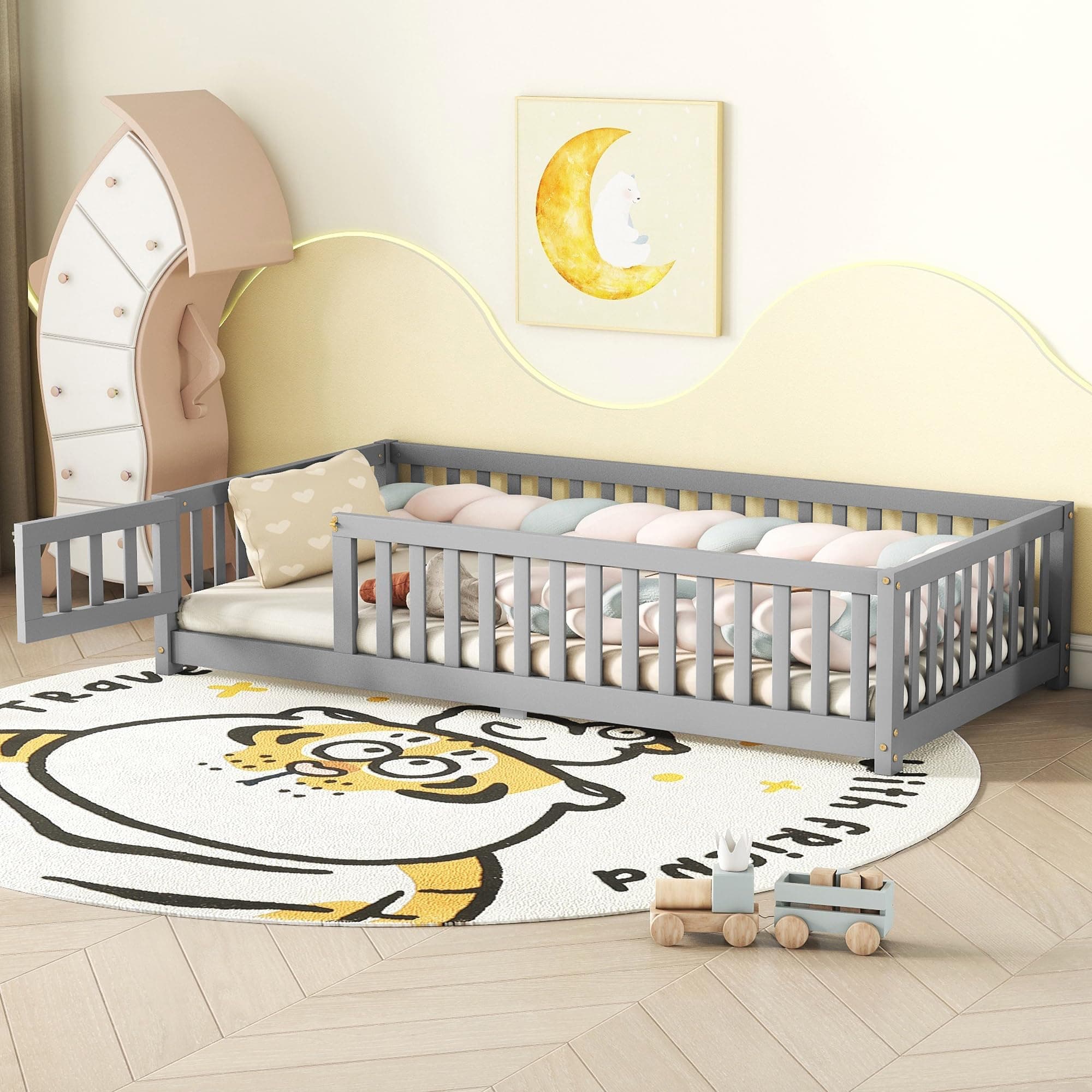 Gray Wood Montessori Twin Bed with Fence & Slats for Kids