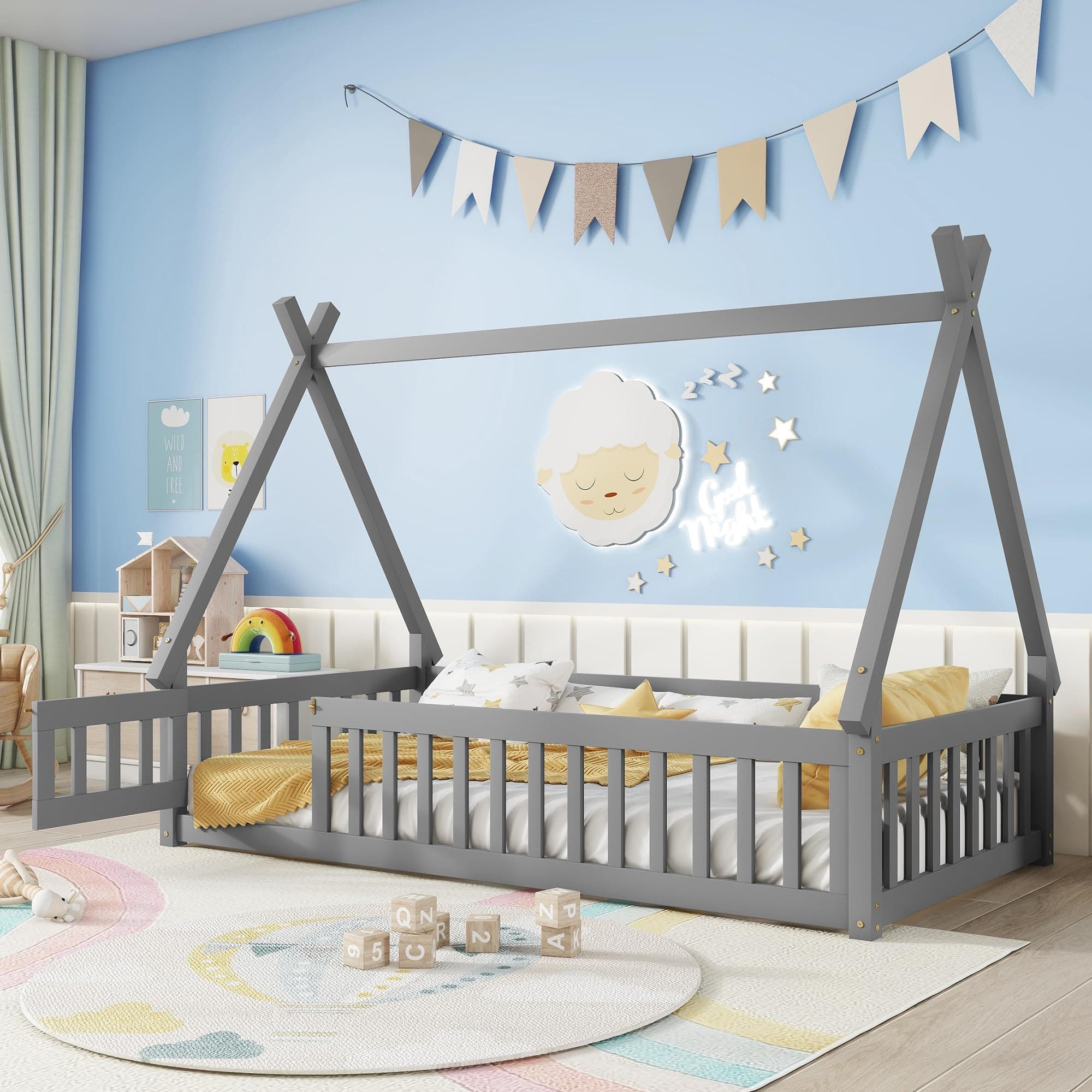 Twin Size Tent-Shaped Montessori Floor Bed with Slats, Guardrails, and Door in Grey
