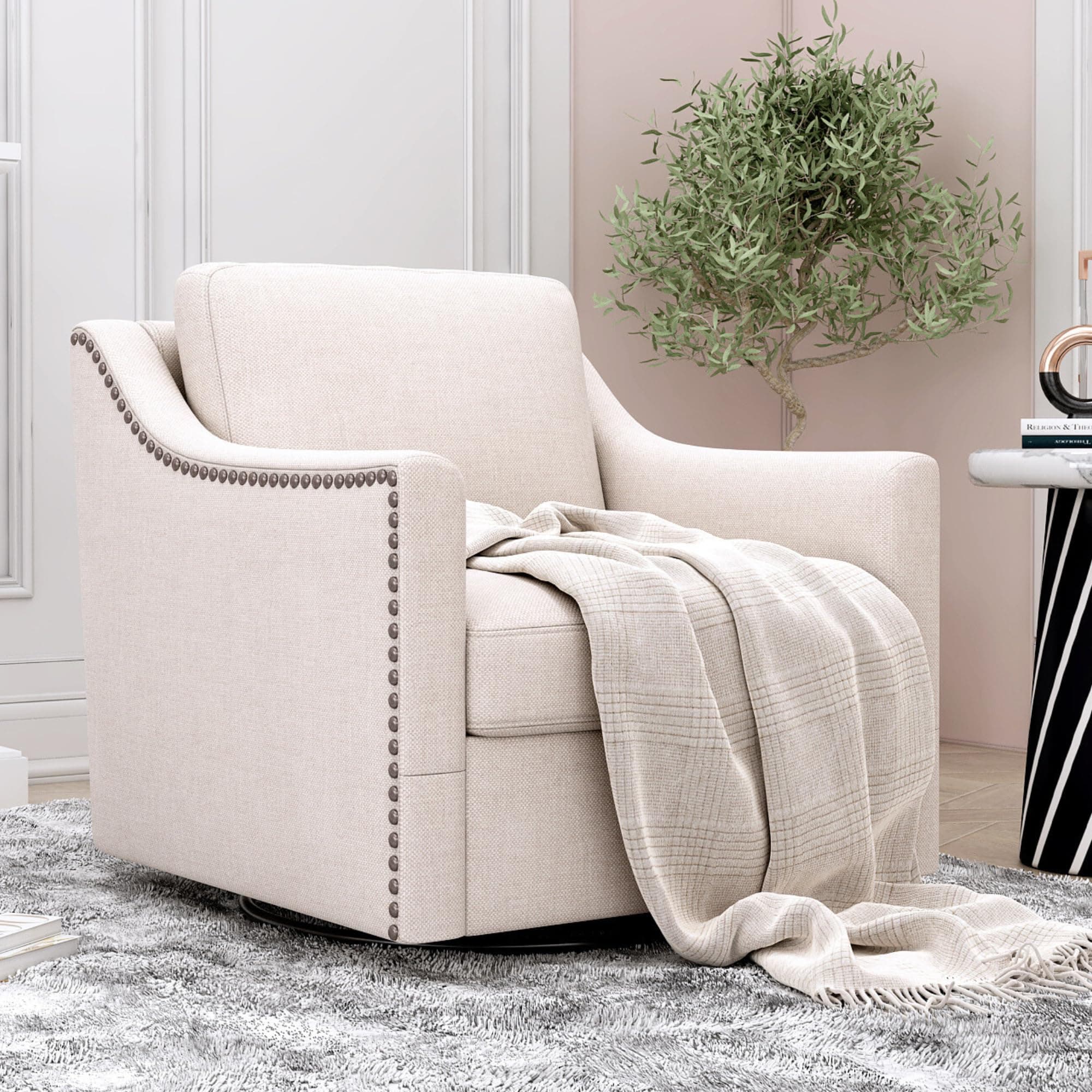 Mid Century Modern Oversized Swivel Chenille Arm Chair for Living Room