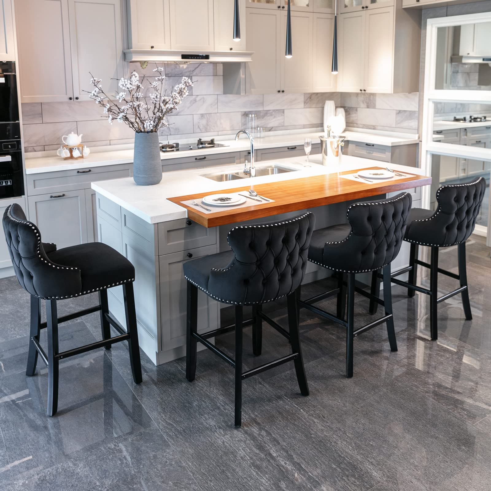 i-POOK Set of 4 Black Velvet Counter Height Bar Stools with Solid Wood Legs and Wing-Back Design