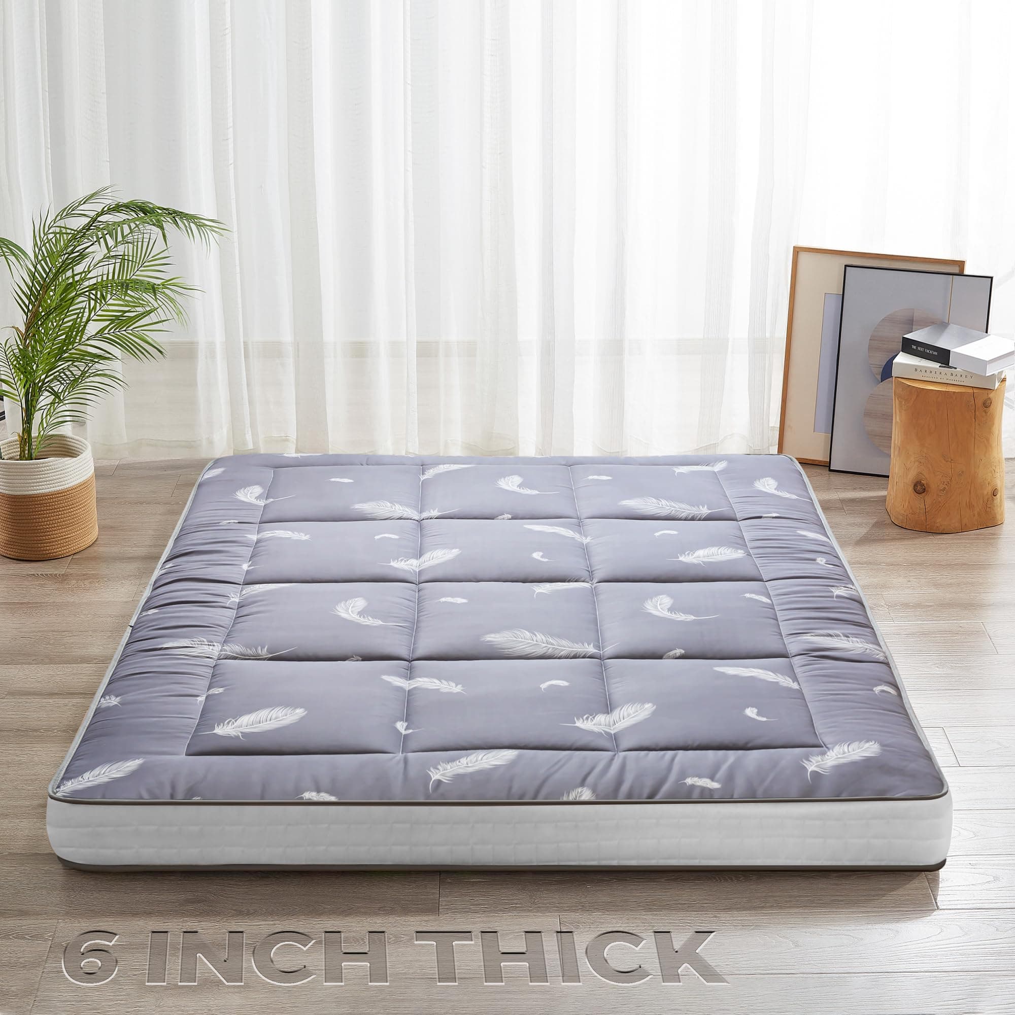 YOSHOOT Queen Size Foldable Japanese Futon Mattress, Grey Feather