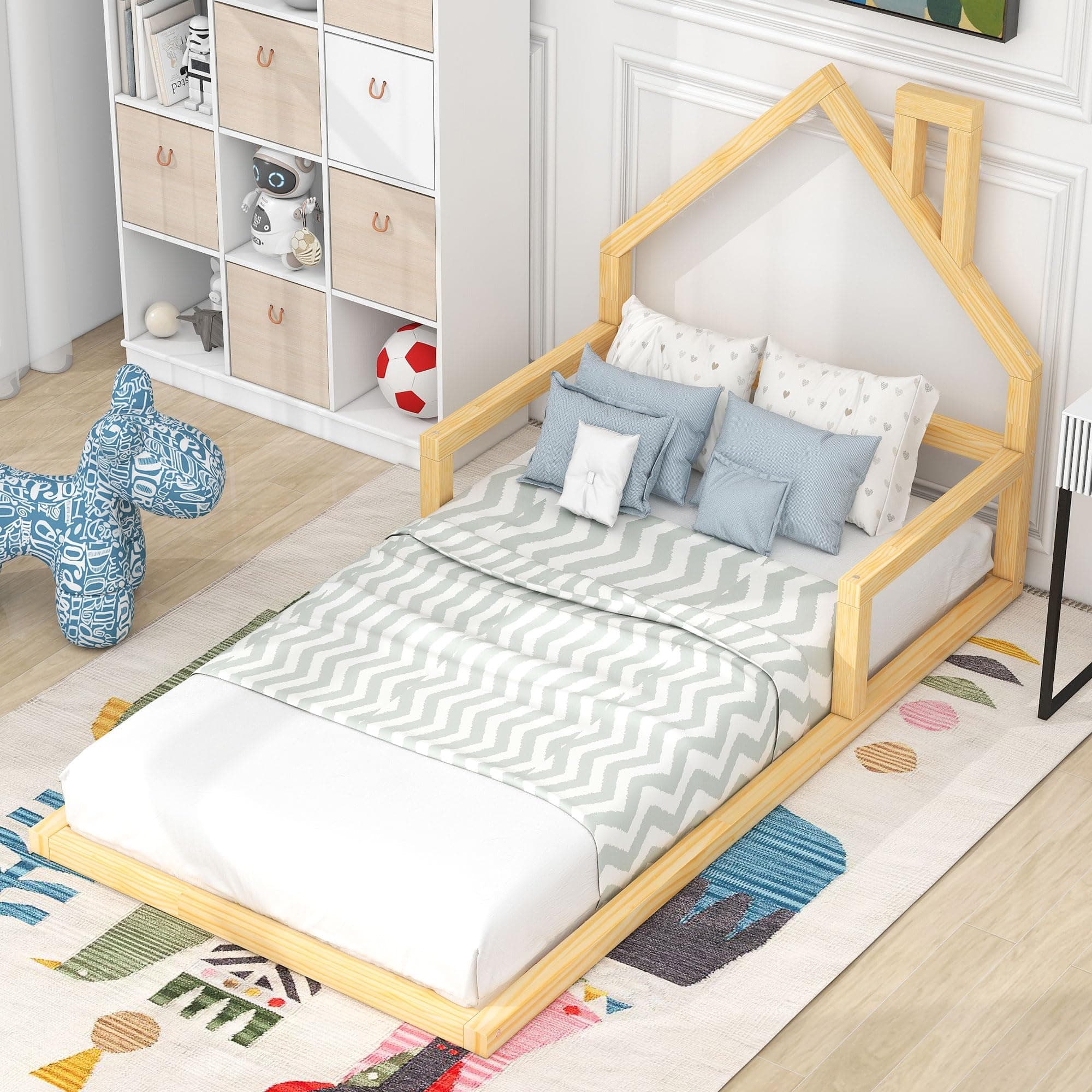 MERITLINE Twin Montessori Floor Bed with House-Shaped Headboard (Natural)