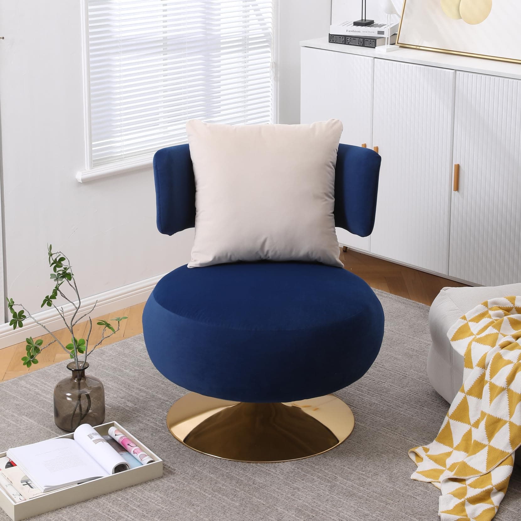 Fabric Swivel Accent Chair with Gold Metal Base, Navy Color