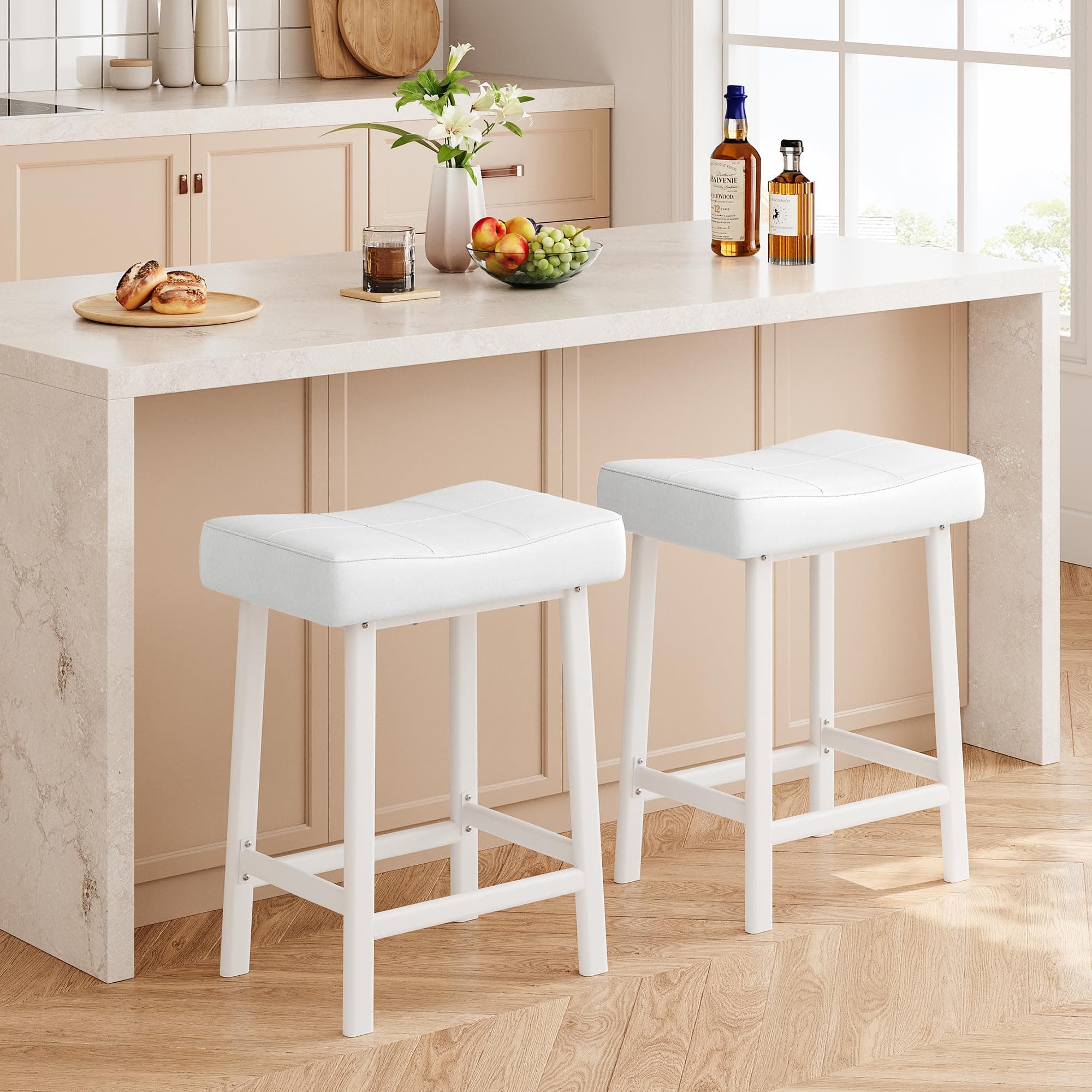 Counter Height Bar Stools Set, 24" White Upholstered Barstools for Kitchen Island