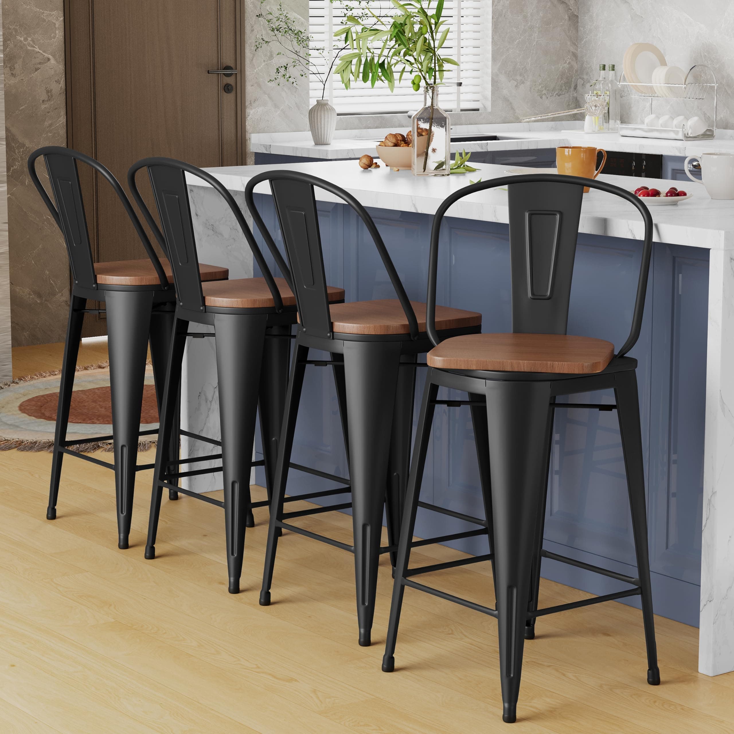Alunaune 26" Swivel Metal Bar Stool Set, Matte Black, Industrial Style